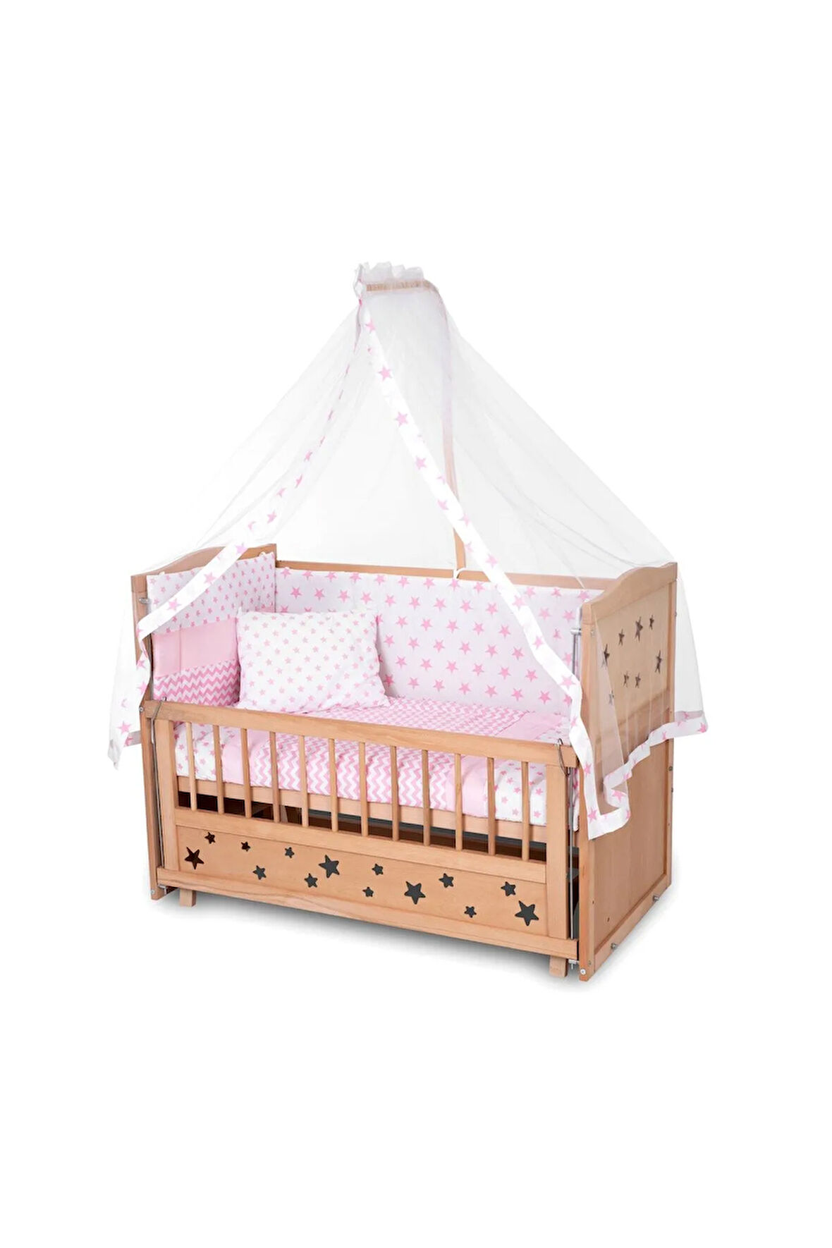 Ahşap Beşik Anne Yanı Beşik Organik (BOYASIZ) 60x120 - Pembe Yıldız Tek Yastıklı Uyku Seti Yatak