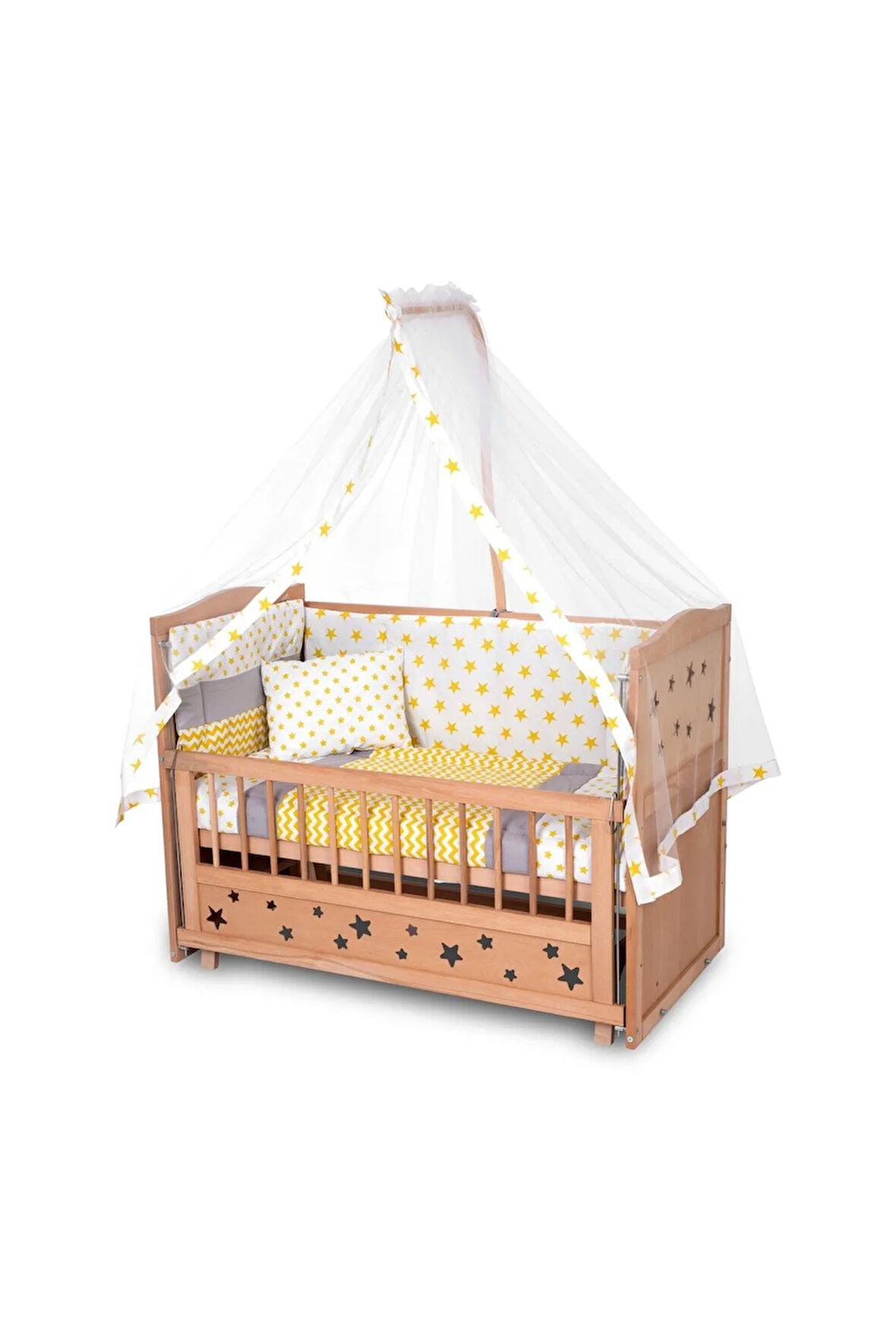 Ahşap Beşik Anne Yanı Beşik Organik (BOYASIZ) 60x120 - Sarı Yıldız Tek Yastıklı Uyku Seti Yatak