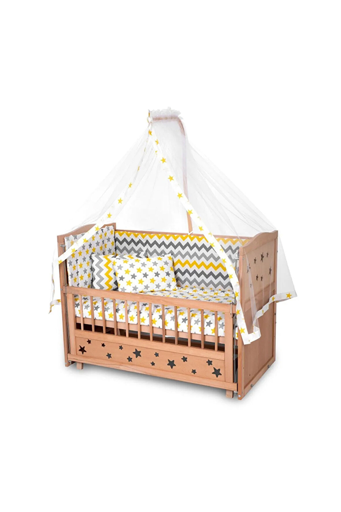 Ahşap Beşik Anne Yanı Beşik Organik (BOYASIZ) 60x120 - Sarı Yıldız Çift Yastıklı Uyku Seti Yatak