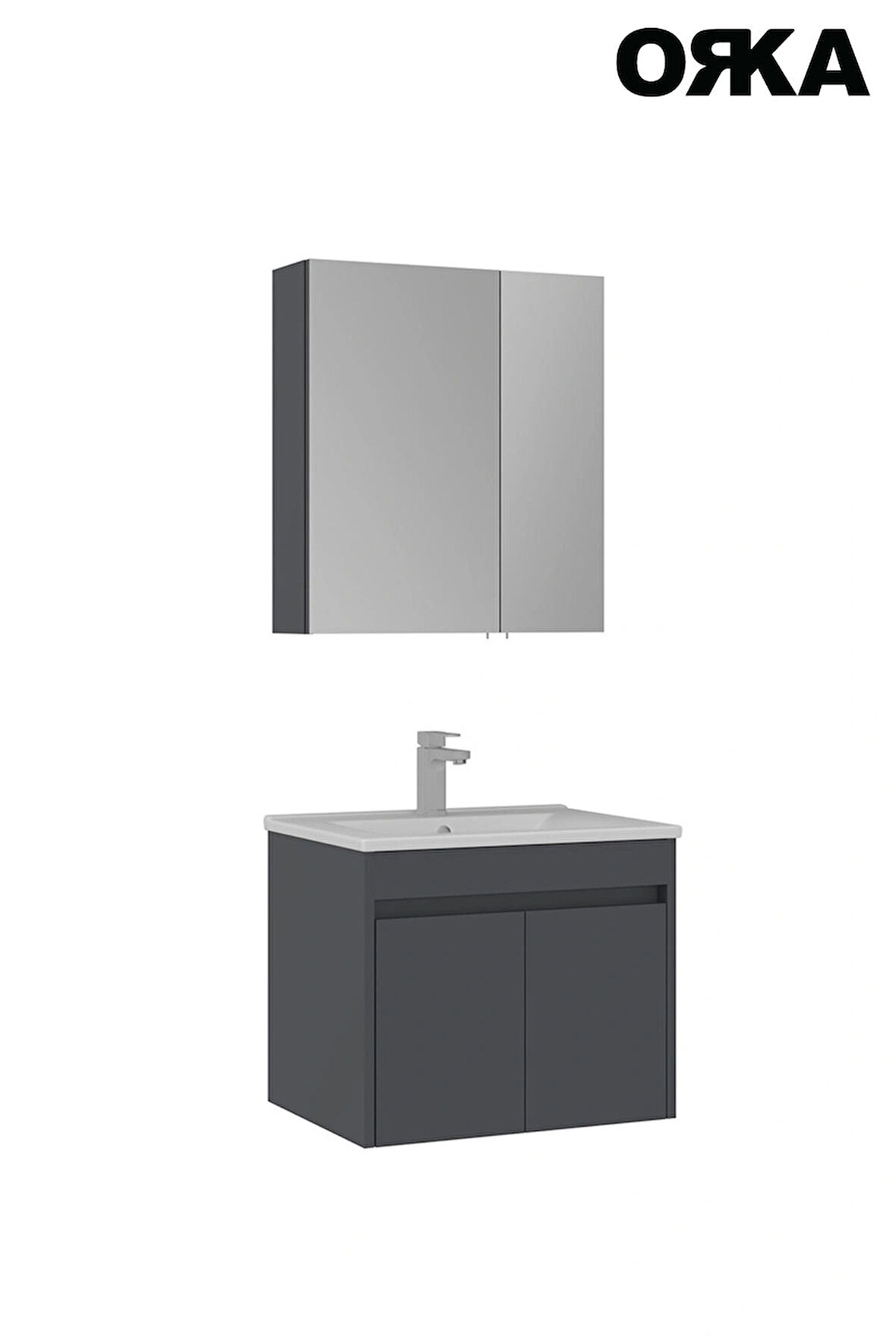 Modern ORKA Side 65 cm Mat Antrasit Kapaklı Lavabo ve Ayna Takımı – Suya Dayanıklı MDFLAM