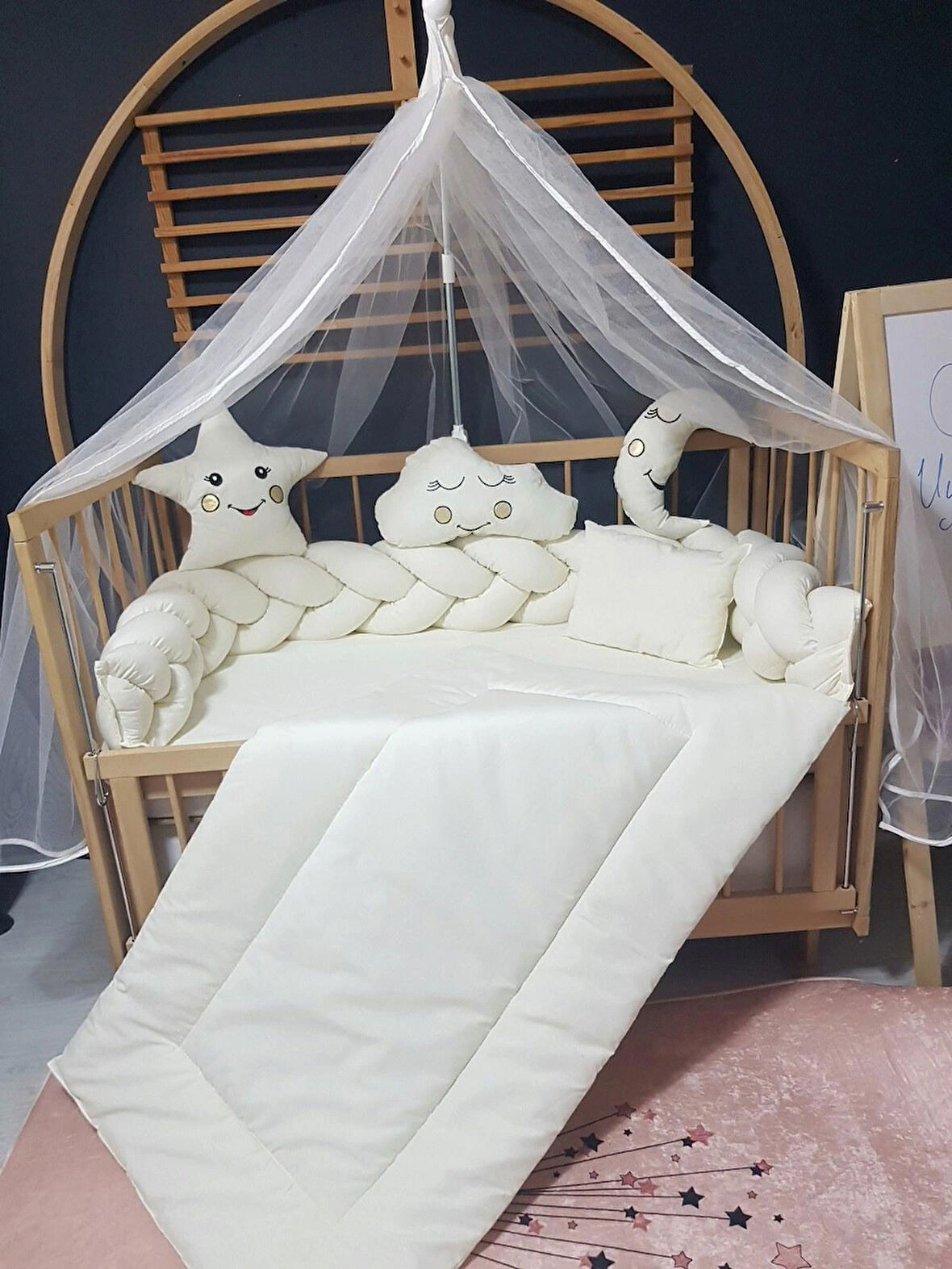 Örgü Korumalı Cibinlikli Bebek Uyku Seti - 60x120 Beşik İçin 9 Parça