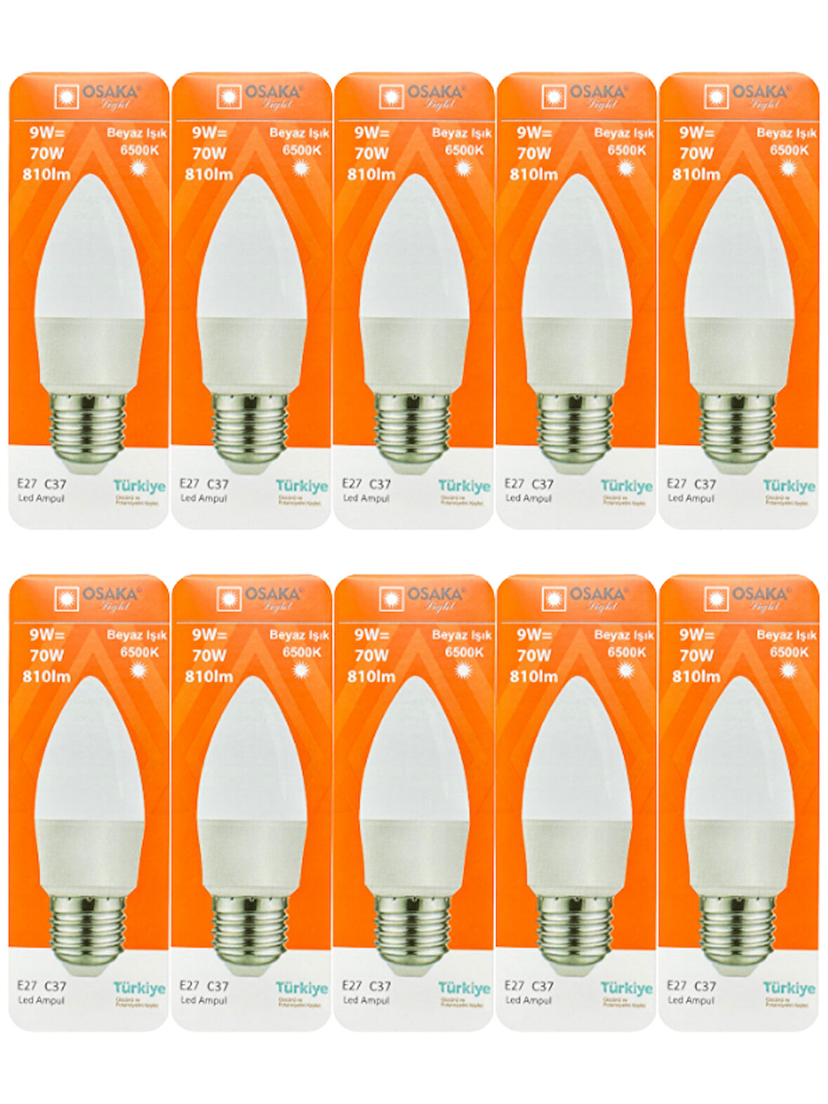 (10 Adet) Osaka 9W (70W) Beyaz Işık E27 Duylu (Kalın Duy) Led Ampul