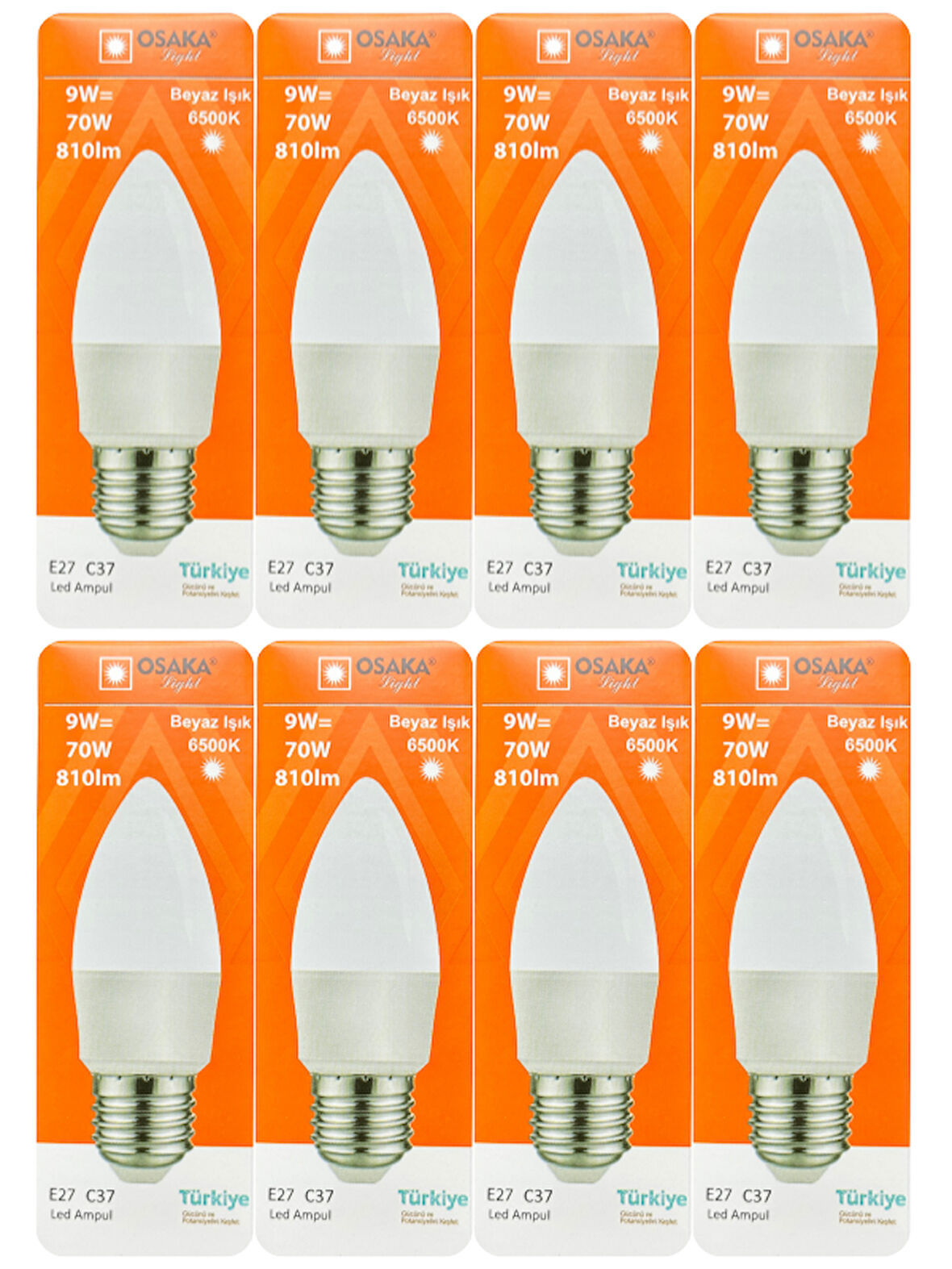 (8 Adet) Osaka 9W (70W) Beyaz Işık E27 Duylu (Kalın Duy) Led Ampul