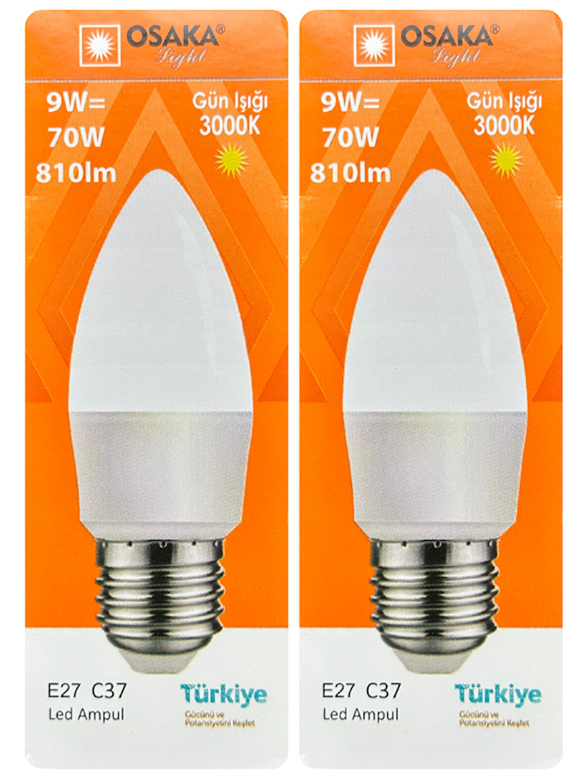 (2 Adet) Osaka 9W (70W) Sarı Işık (3000K) E27 Duylu (Kalın Duy) Led Mum Ampul