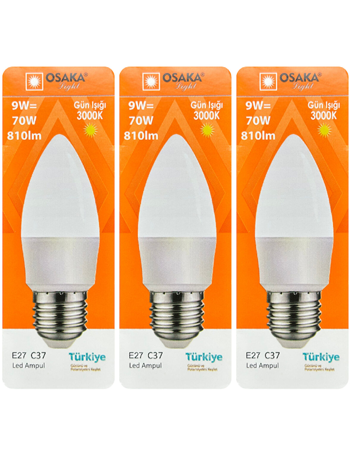 (3 Adet) Osaka 9W (70W) Sarı Işık (3000K) E27 Duylu (Kalın Duy) Led Mum Ampul