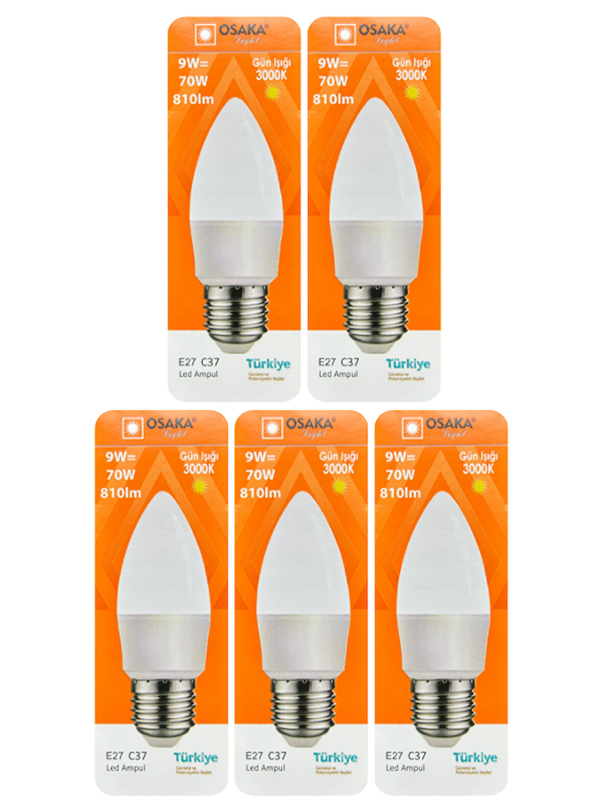 (5 Adet) Osaka 9W (70W) Sarı Işık (3000K) E27 Duylu (Kalın Duy) Led Mum Ampul