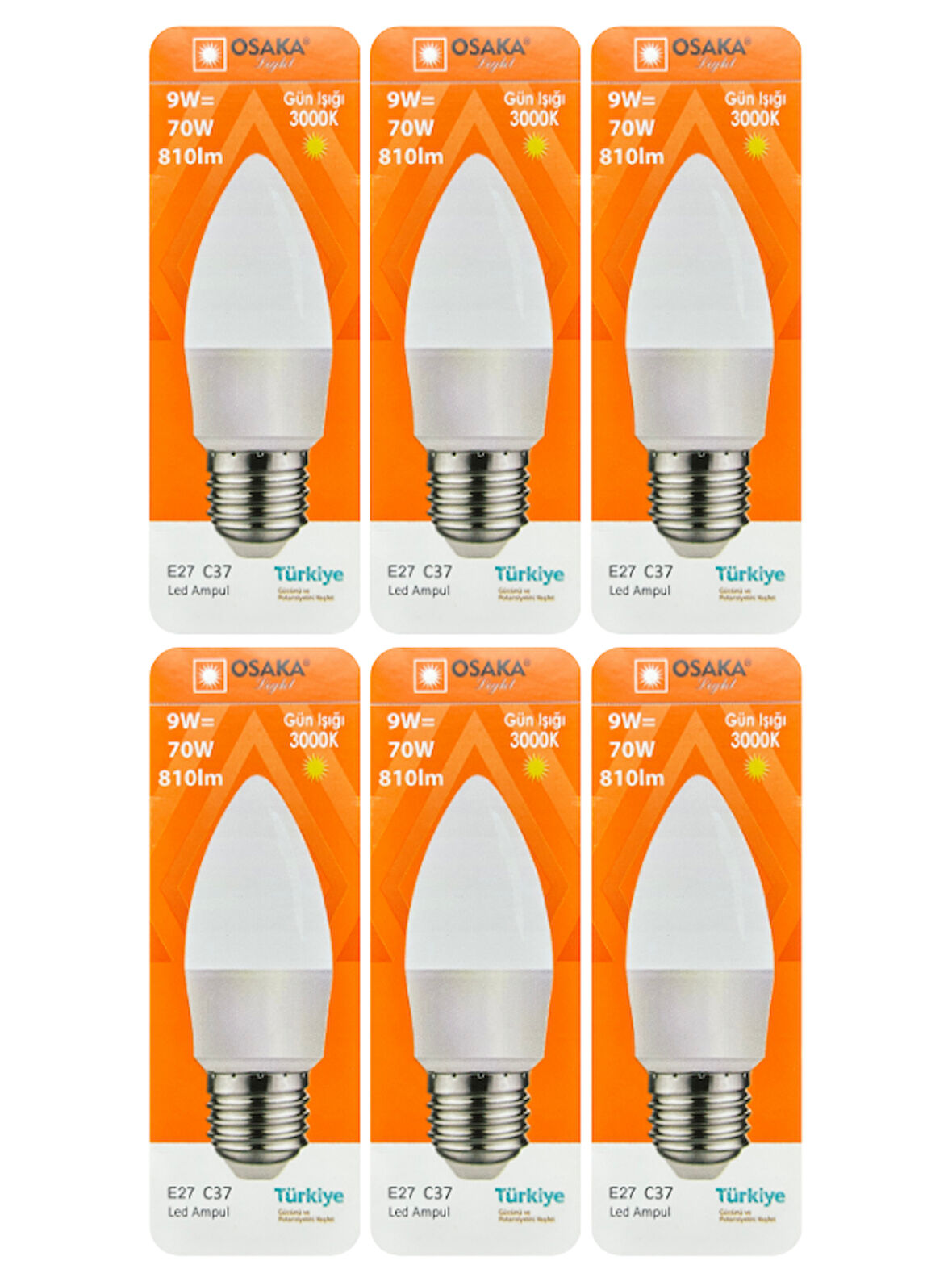 (6 Adet) Osaka 9W (70W) Sarı Işık (3000K) E27 Duylu (Kalın Duy) Led Mum Ampul
