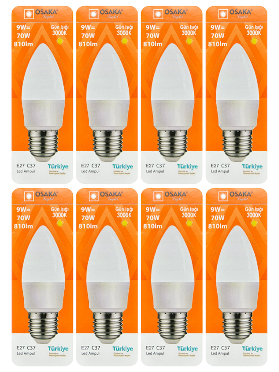 (8 Adet) Osaka 9W (70W) Sarı Işık (3000K) E27 Duylu (Kalın Duy) Led Mum Ampul