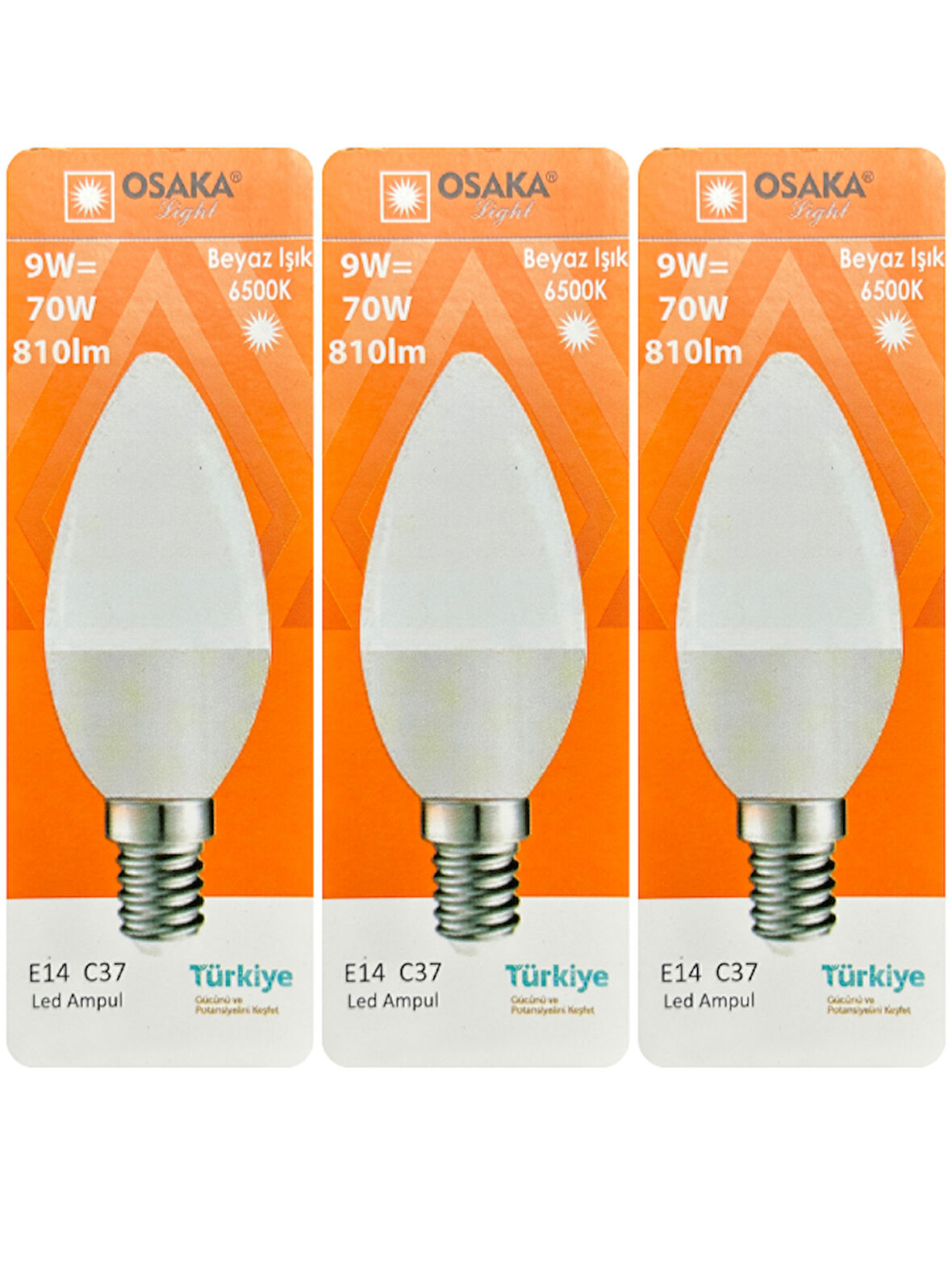(3 Adet) Osaka 9W (70W) Beyaz Işık (6500K) E14 Duylu (İnce Duy) Led Mum Ampul