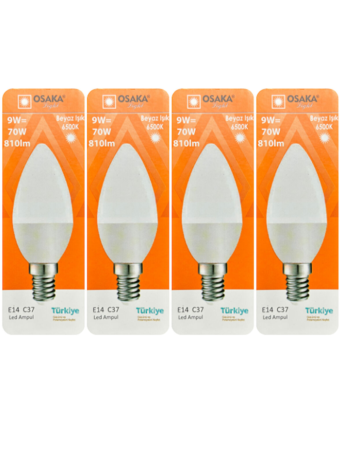 (4 Adet) Osaka 9W (70W) Beyaz Işık (6500K) E14 Duylu (İnce Duy) Led Mum Ampul
