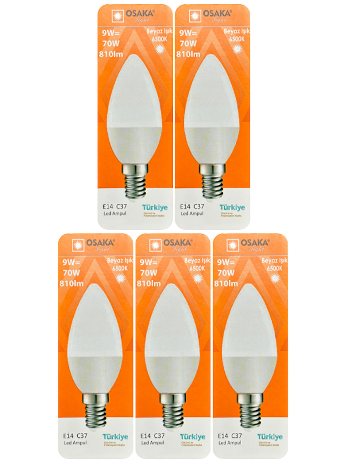 (5 Adet) Osaka 9W (70W) Beyaz Işık (6500K) E14 Duylu (İnce Duy) Led Mum Ampul