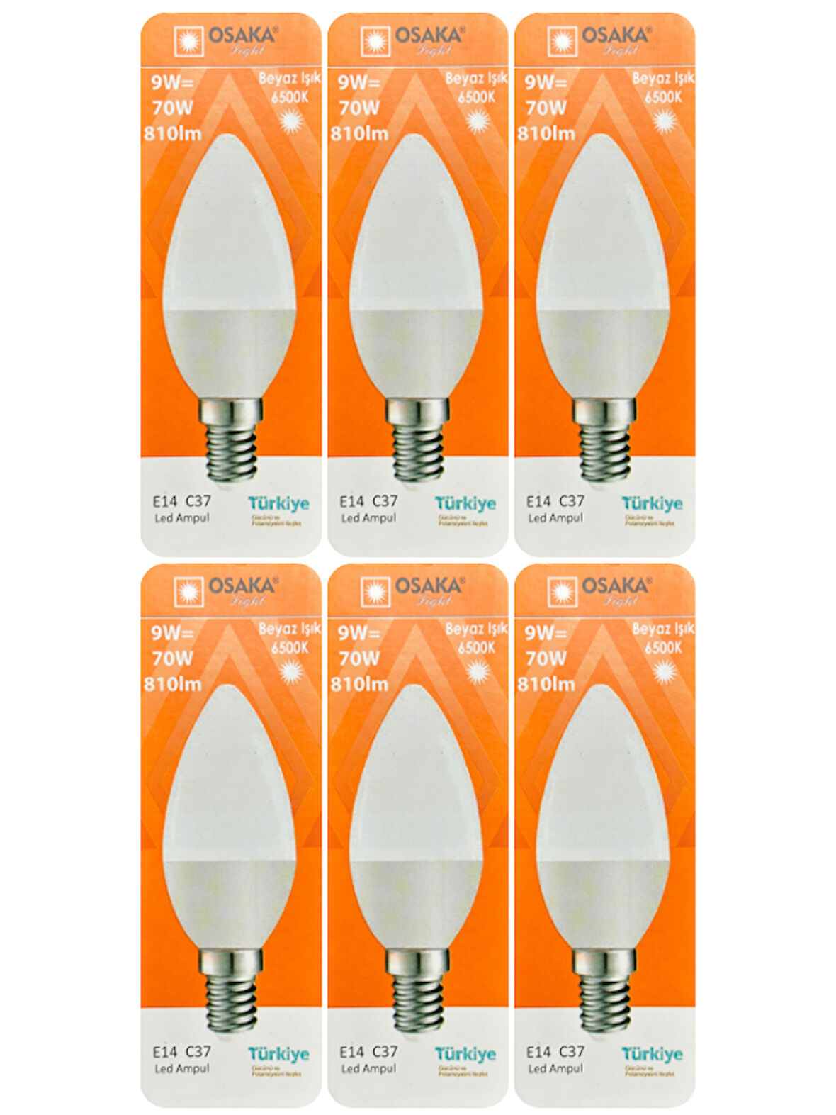 (6 Adet) Osaka 9W (70W) Beyaz Işık (6500K) E14 Duylu (İnce Duy) Led Mum Ampul