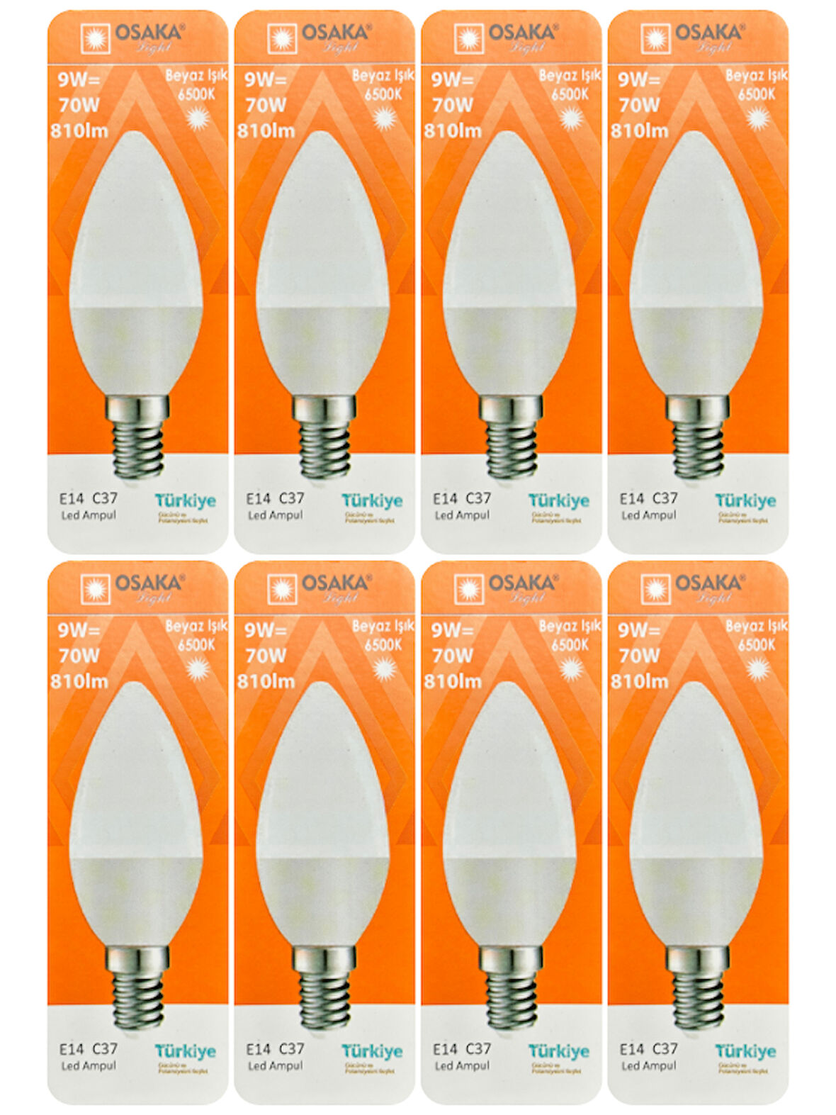 (8 Adet) Osaka 9W (70W) Beyaz Işık (6500K) E14 Duylu (İnce Duy) Led Mum Ampul