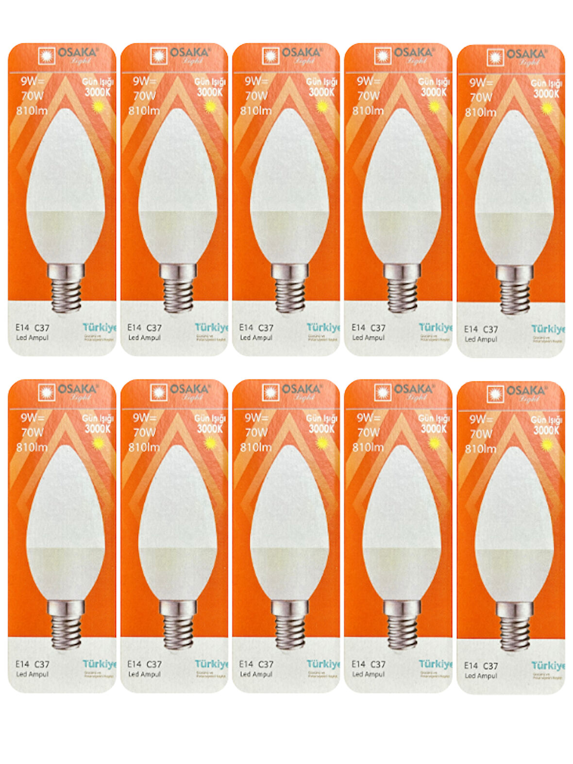 (10 Adet) Osaka 9W (70W) Sarı Işık (3000K) E14 Duylu (İnce Duy) Led Mum Ampul