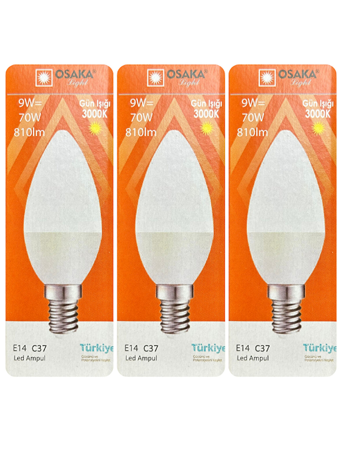 (3 Adet) Osaka 9W (70W) Sarı Işık (3000K) E14 Duylu (İnce Duy) Led Mum Ampul