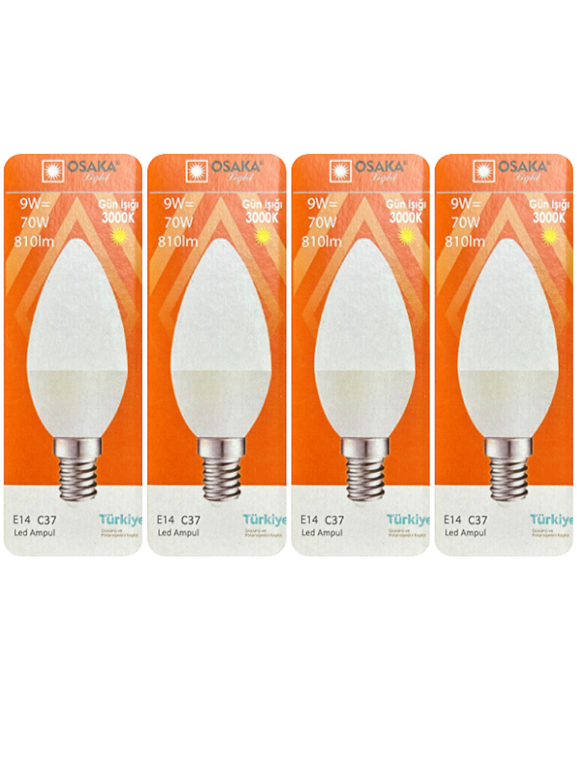 (4 Adet) Osaka 9W (70W) Sarı Işık (3000K) E14 Duylu (İnce Duy) Led Mum Ampul