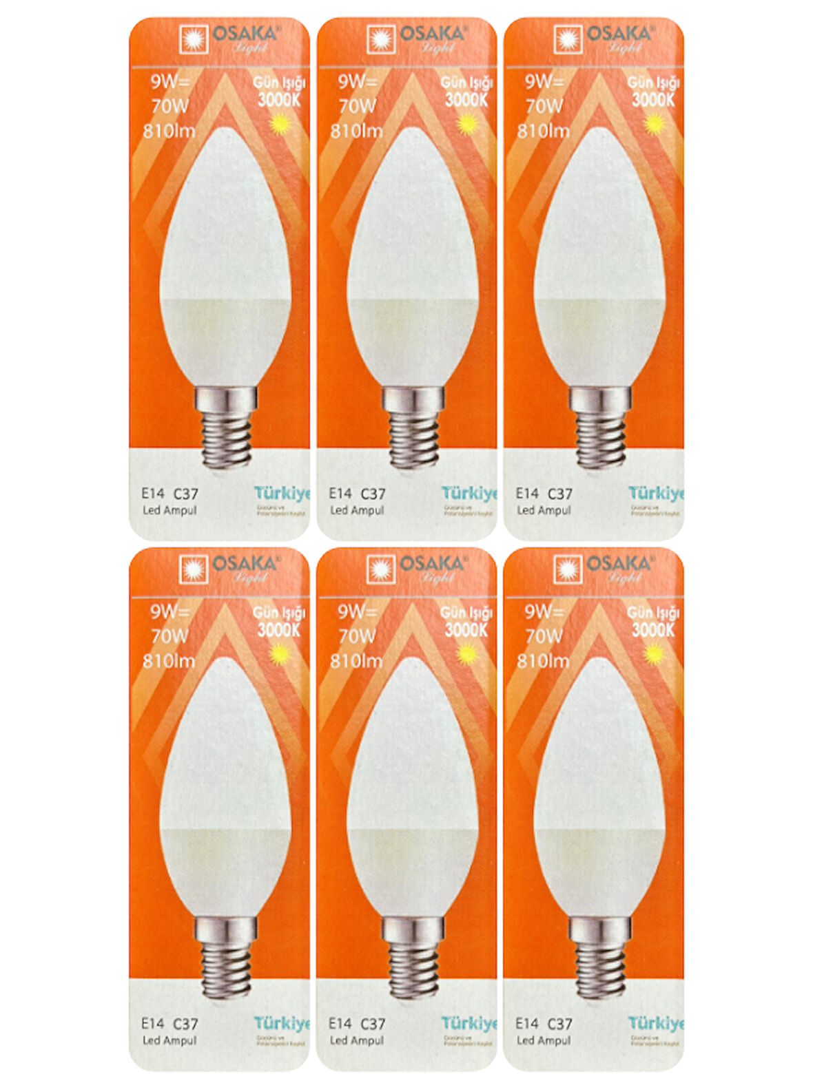 (6 Adet) Osaka 9W (70W) Sarı Işık (3000K) E14 Duylu (İnce Duy) Led Mum Ampul