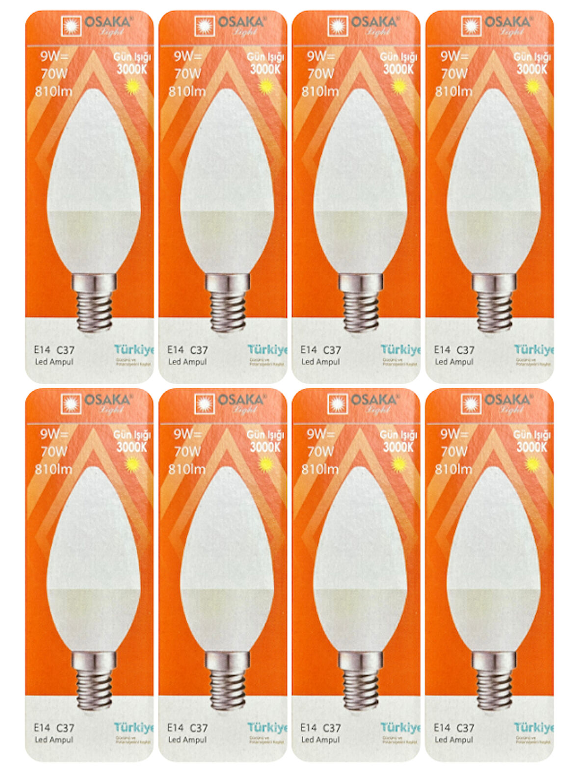 (8 Adet) Osaka 9W (70W) Sarı Işık (3000K) E14 Duylu (İnce Duy) Led Mum Ampul