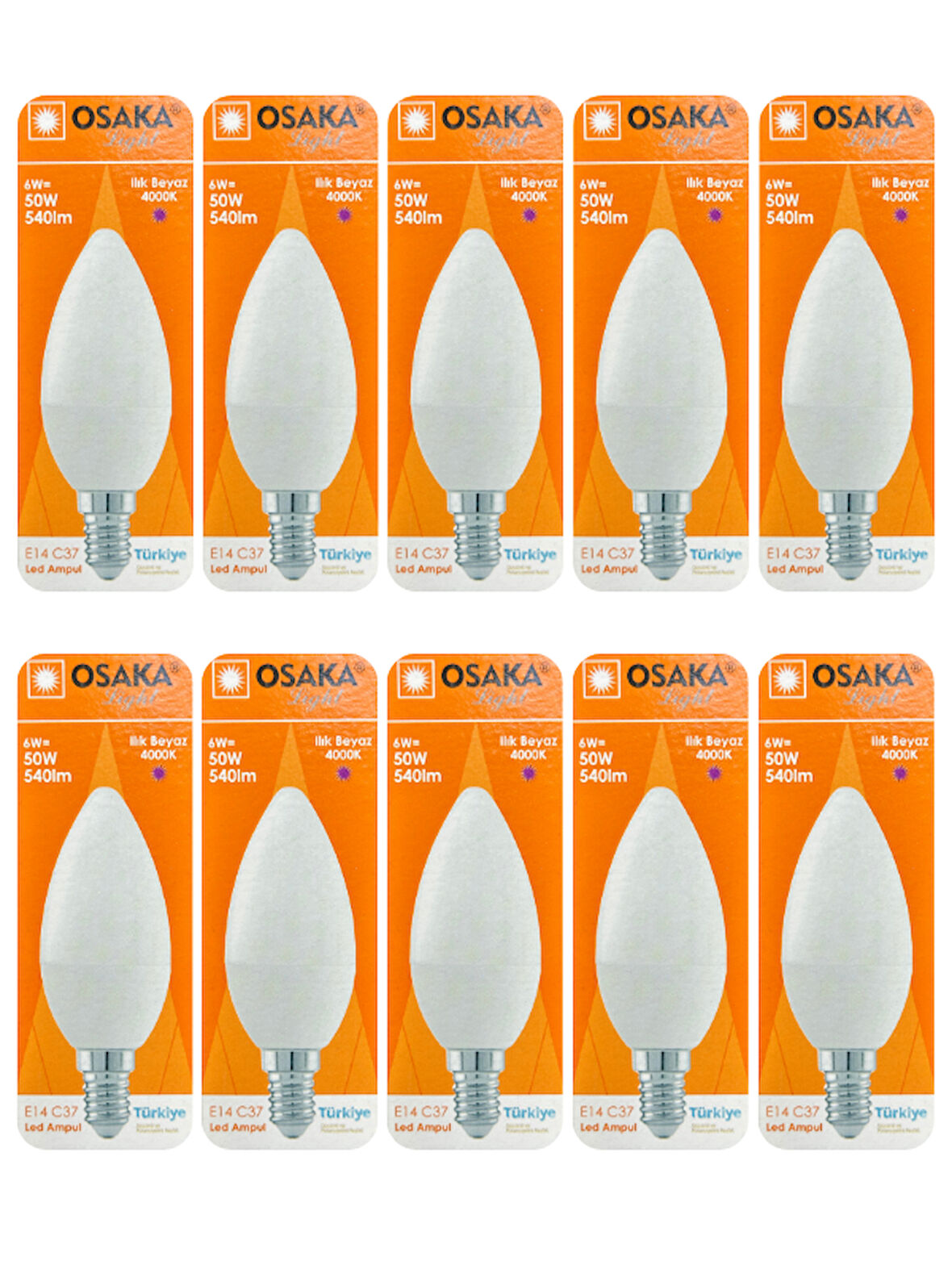 (10 Adet) Osaka 6W (50W) Günışığı (4000K) E14 Duylu (İnce Duy) Led Mum Ampul