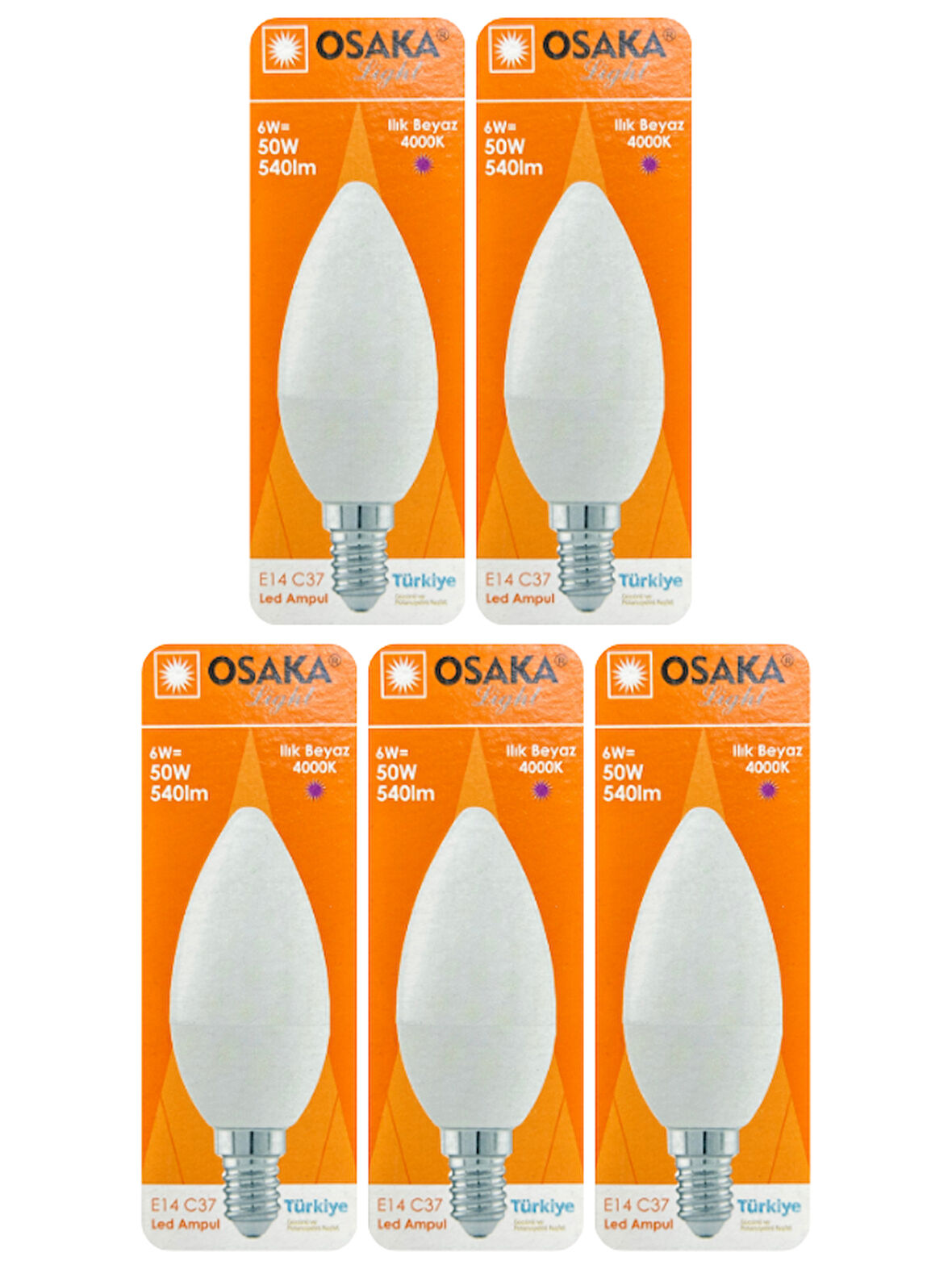 (5 Adet) Osaka 6W (50W) Günışığı (4000K) E14 Duylu (İnce Duy) Led Mum Ampul