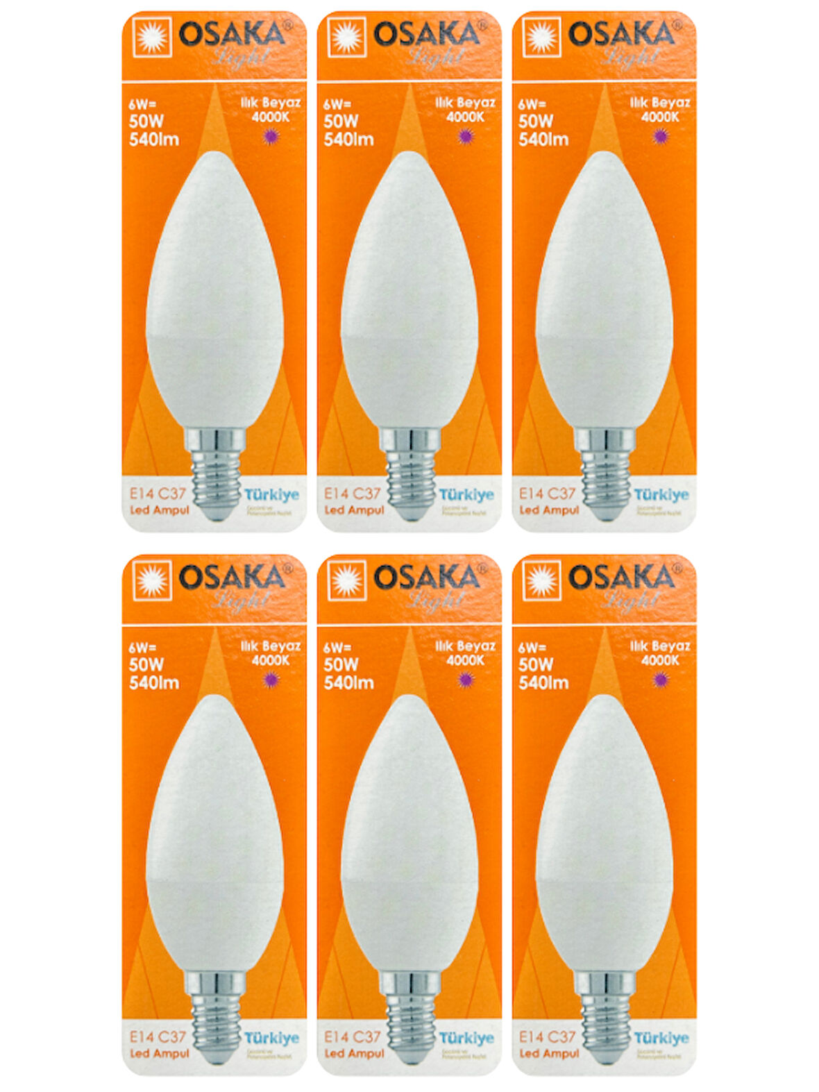 (6 Adet) Osaka 6W (50W) Günışığı (4000K) E14 Duylu (İnce Duy) Led Mum Ampul