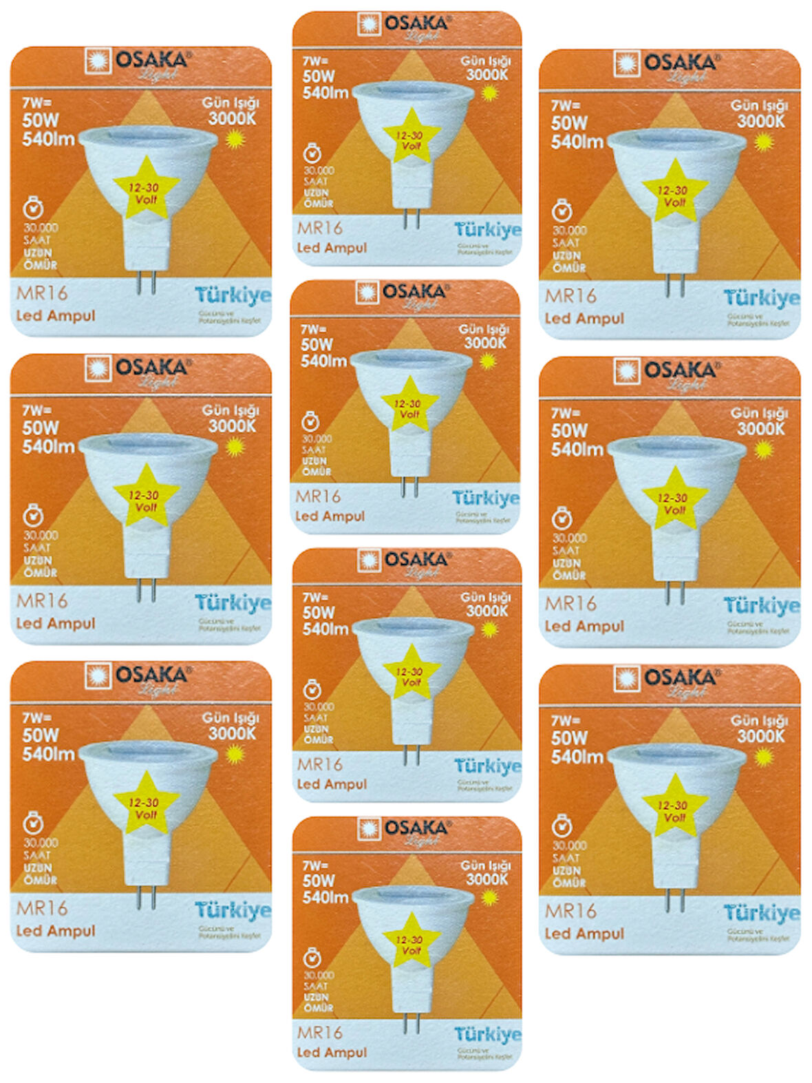 (10 Adet) Osaka 12Volt 7W (50W) Sarı (3000K) GU5.3 Duylu (İğne Bacak) Led Spot Ampul