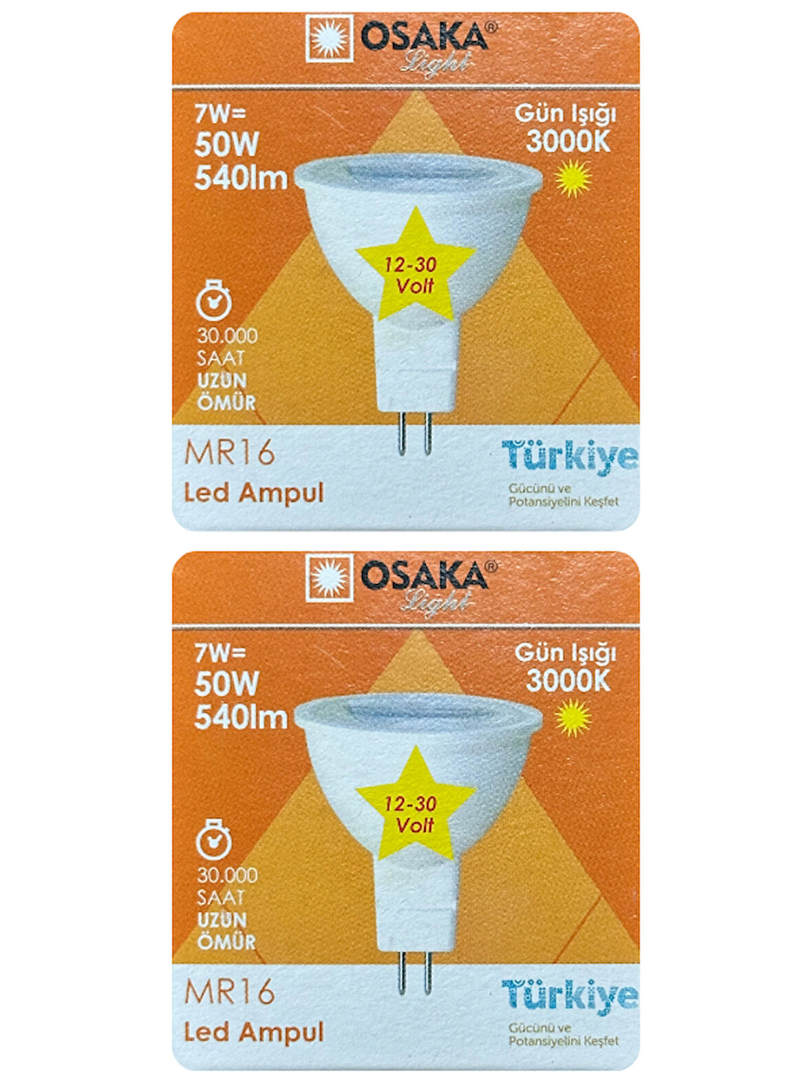 (2 Adet) Osaka 12Volt 7W (50W) Sarı (3000K) GU5.3 Duylu (İğne Bacak) Led Spot Ampul
