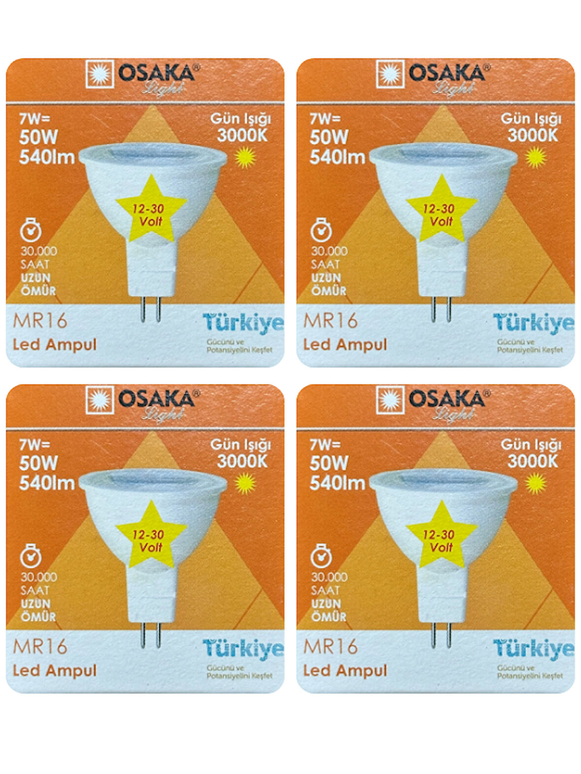 (4 Adet) Osaka 12Volt 7W (50W) Sarı (3000K) GU5.3 Duylu (İğne Bacak) Led Spot Ampul