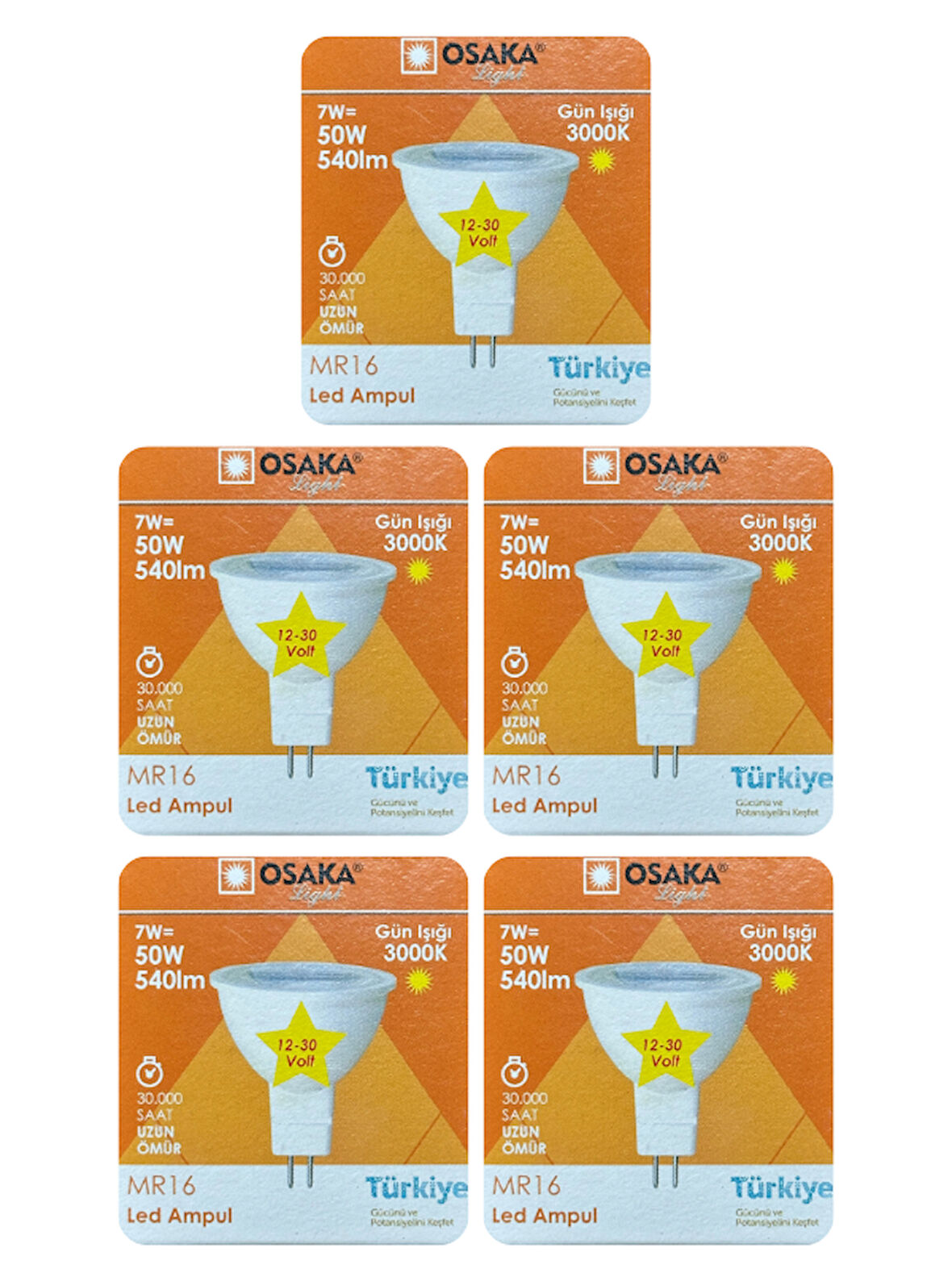 (5 Adet) Osaka 12Volt 7W (50W) Sarı (3000K) GU5.3 Duylu (İğne Bacak) Led Spot Ampul