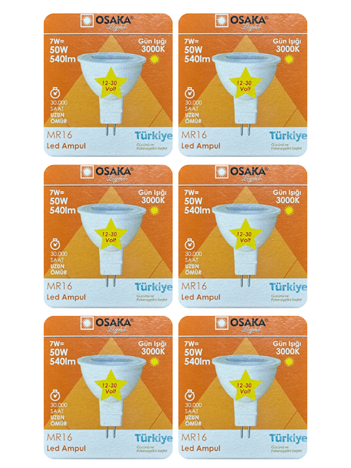 (6 Adet) Osaka 12Volt 7W (50W) Sarı (3000K) GU5.3 Duylu (İğne Bacak) Led Spot Ampul