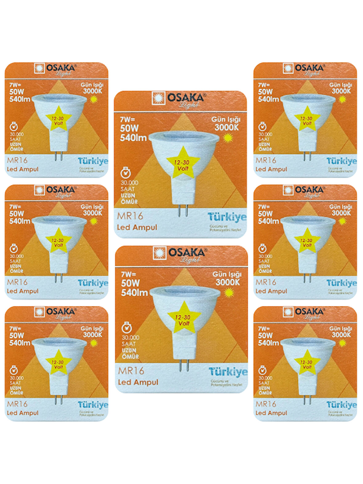 (8 Adet) Osaka 12Volt 7W (50W) Sarı (3000K) GU5.3 Duylu (İğne Bacak) Led Spot Ampul