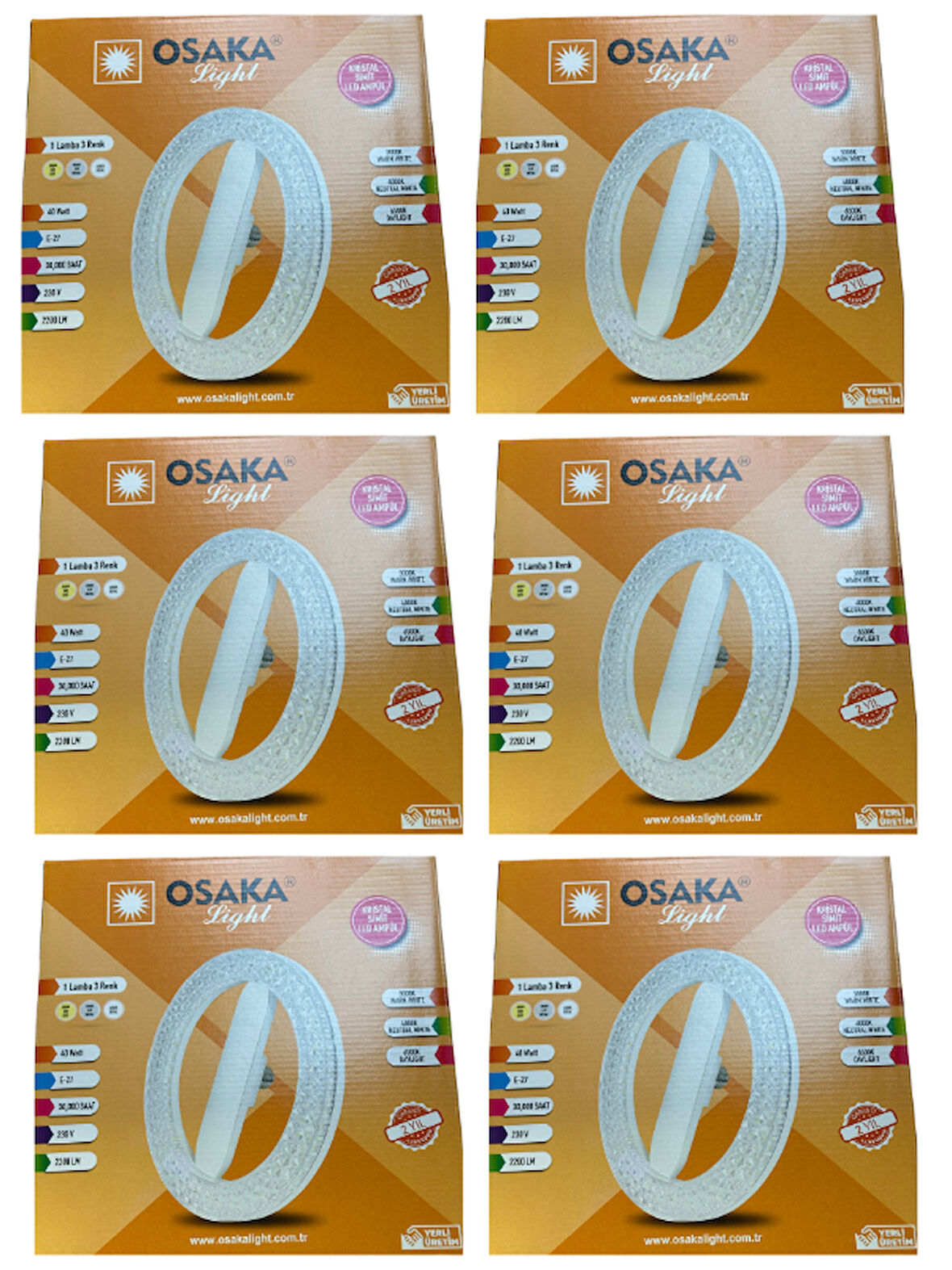 (6 Adet) Osaka 40W Sarı-Günışığı-Beyaz E27 Duylu Simit Ampul