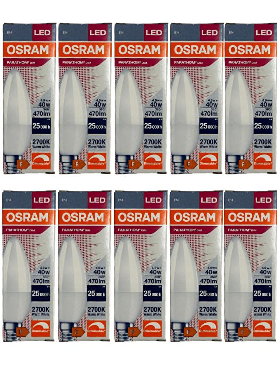 Osram 4,9W (40W) 2700K (Sarı Işık) E14 Duylu Dim Edilebilir Led Ampul (10 Adet)
