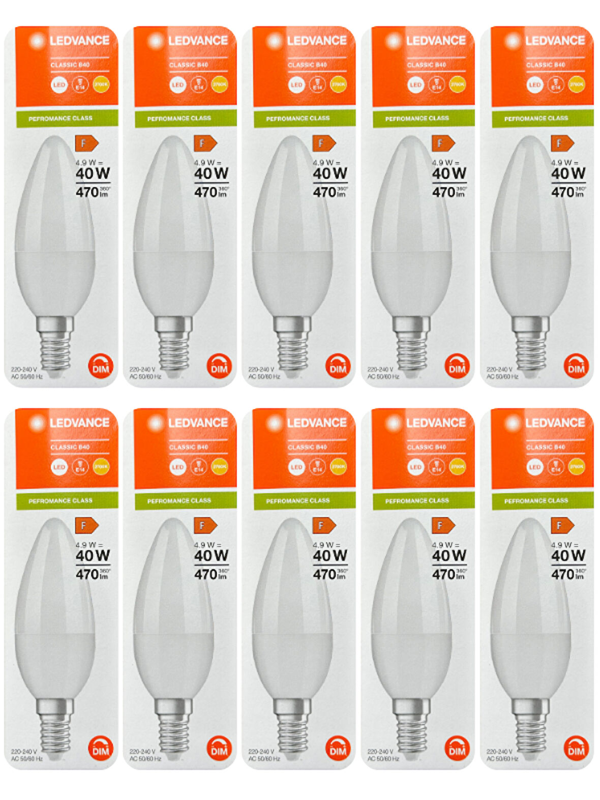 (10 Adet) Ledvance 4,9W (40W) 2700K (Sarı Işık) Dim Edilebilir E14 Duylu (İnce Duy) Led Mum Ampul