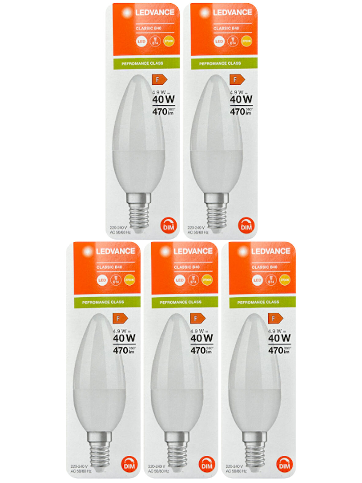(5 Adet) Ledvance 4,9W (40W) 2700K (Sarı Işık) Dim Edilebilir E14 Duylu (İnce Duy) Led Mum Ampul