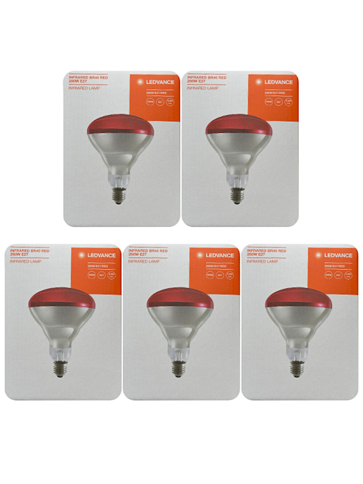 (5 Adet) Ledvance 250W Kızılötesi (infrared) Isıtıcılı Hayvan Isıtma ve Fizik Tedavi Lambası (Kırmızı Işık) E27 (Kalın Duy)