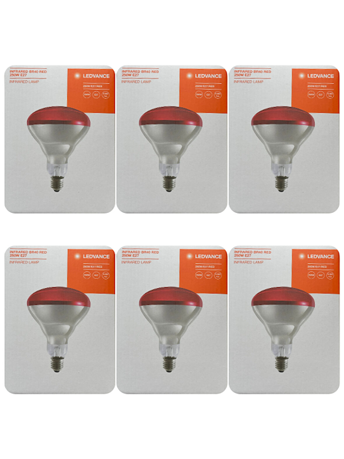 (6 Adet) Ledvance 250W Kızılötesi (infrared) Isıtıcılı Hayvan Isıtma ve Fizik Tedavi Lambası (Kırmızı Işık) E27 (Kalın Duy)