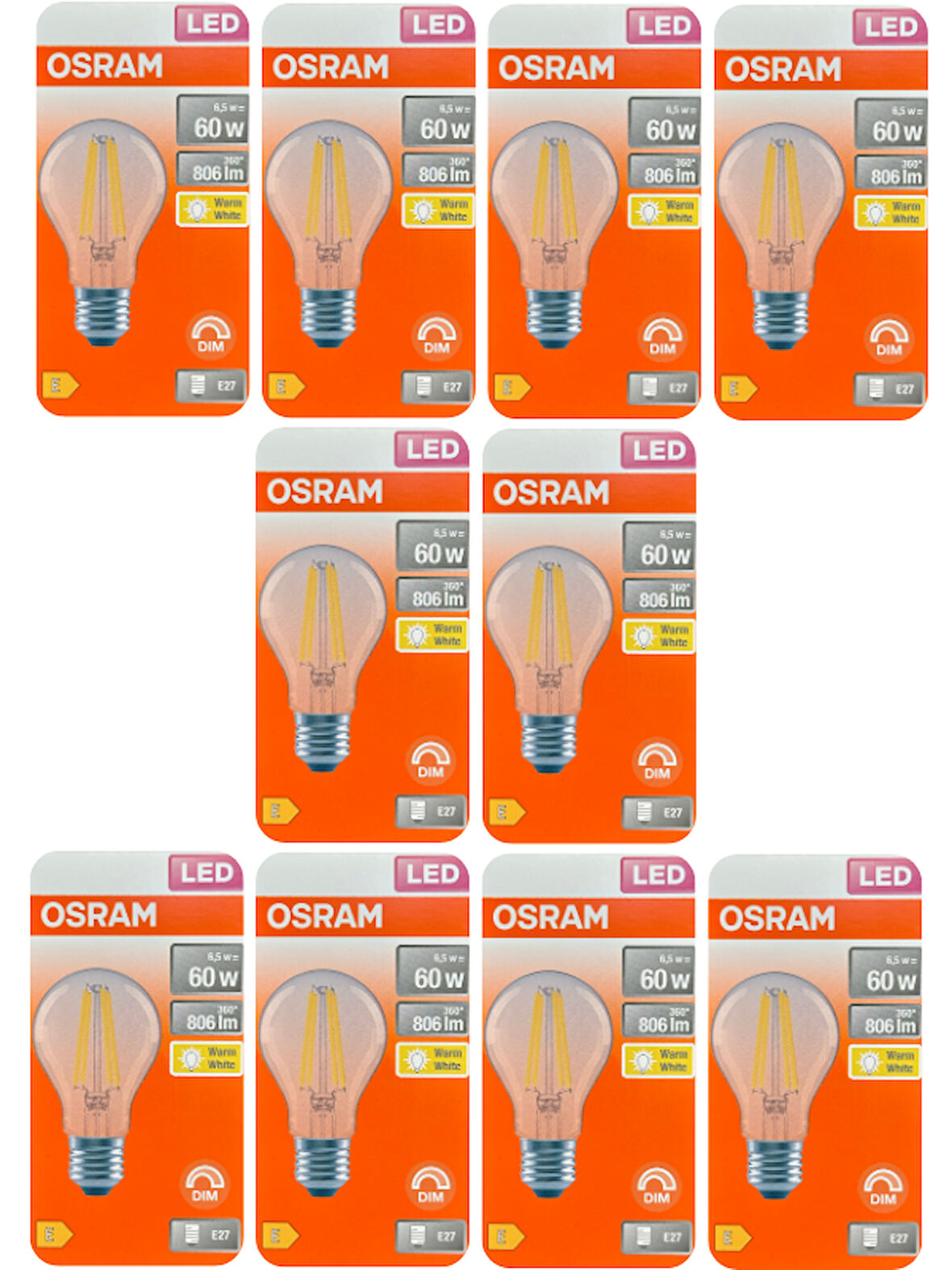 (10 Adet) Osram 6,5W (60W) 2700K (Sarı Işık) Dim Edilebilir E27 Duylu (Kalın Duy) Led Şeffaf Ampul