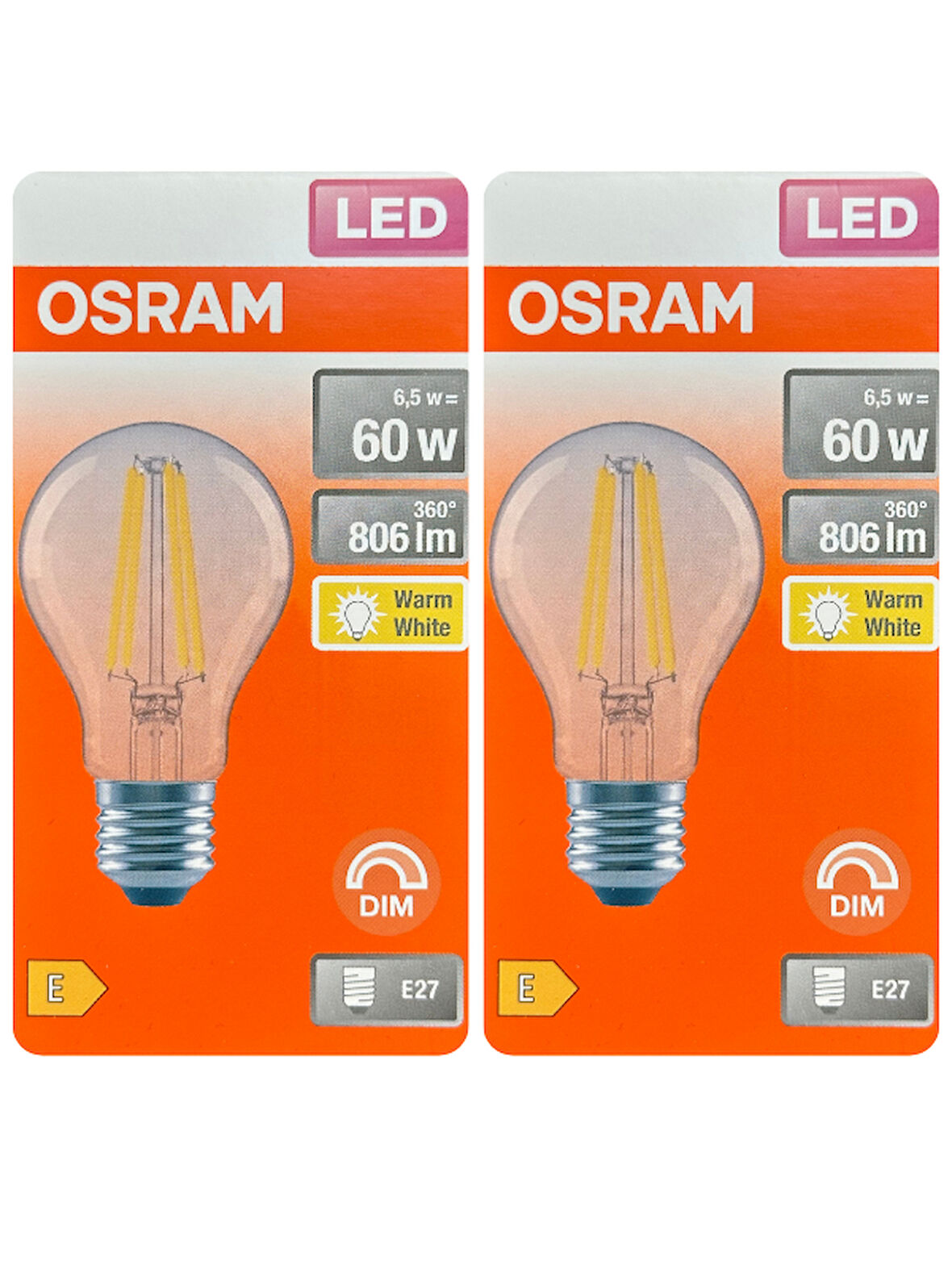 (2 Adet) Osram 6,5W (60W) 2700K (Sarı Işık) Dim Edilebilir E27 Duylu (Kalın Duy) Led Şeffaf Ampul
