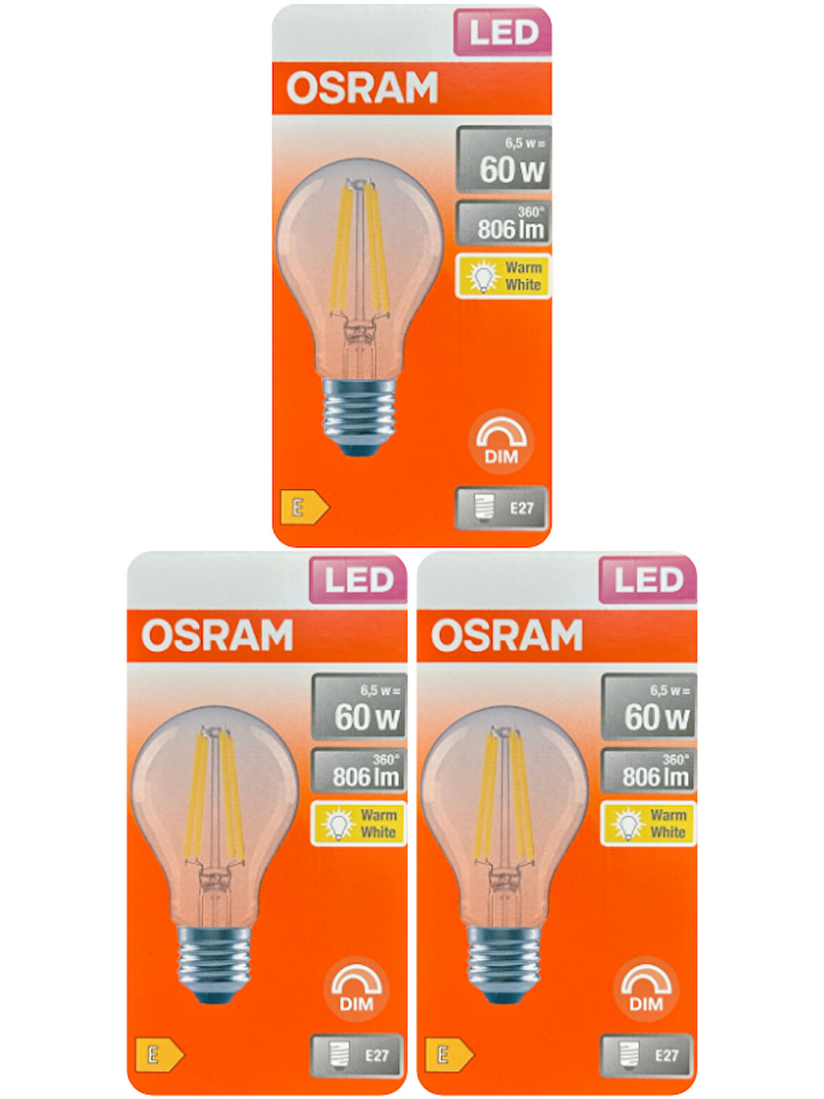 (3 Adet) Osram 6,5W (60W) 2700K (Sarı Işık) Dim Edilebilir E27 Duylu (Kalın Duy) Led Şeffaf Ampul