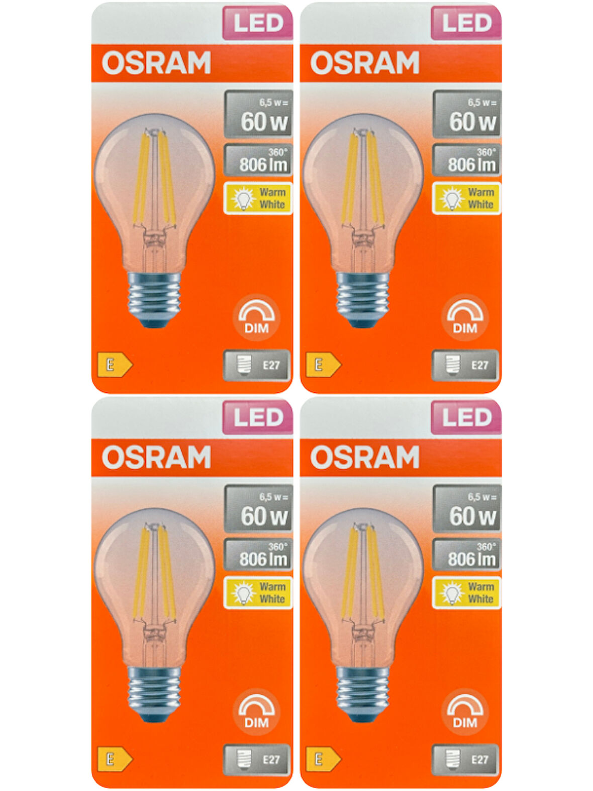 (4 Adet) Osram 6,5W (60W) 2700K (Sarı Işık) Dim Edilebilir E27 Duylu (Kalın Duy) Led Şeffaf Ampul