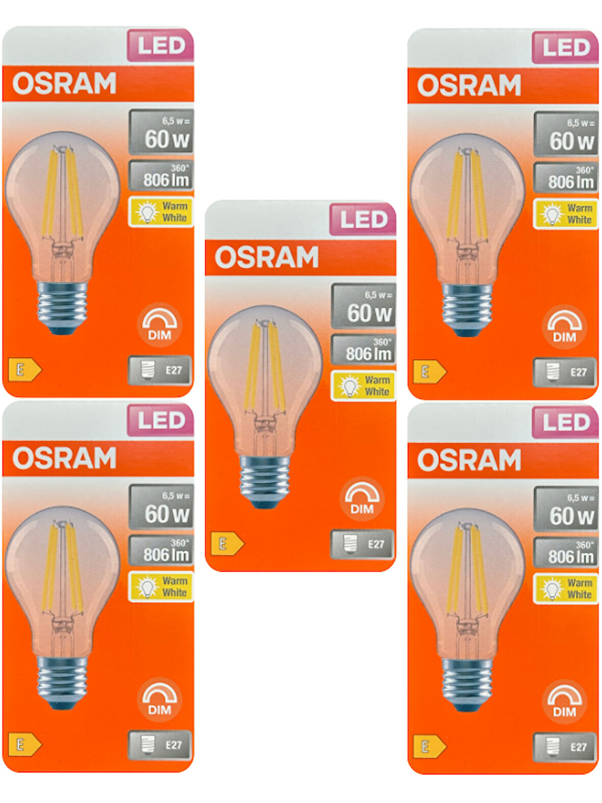 (5 Adet) Osram 6,5W (60W) 2700K (Sarı Işık) Dim Edilebilir E27 Duylu (Kalın Duy) Led Şeffaf Ampul