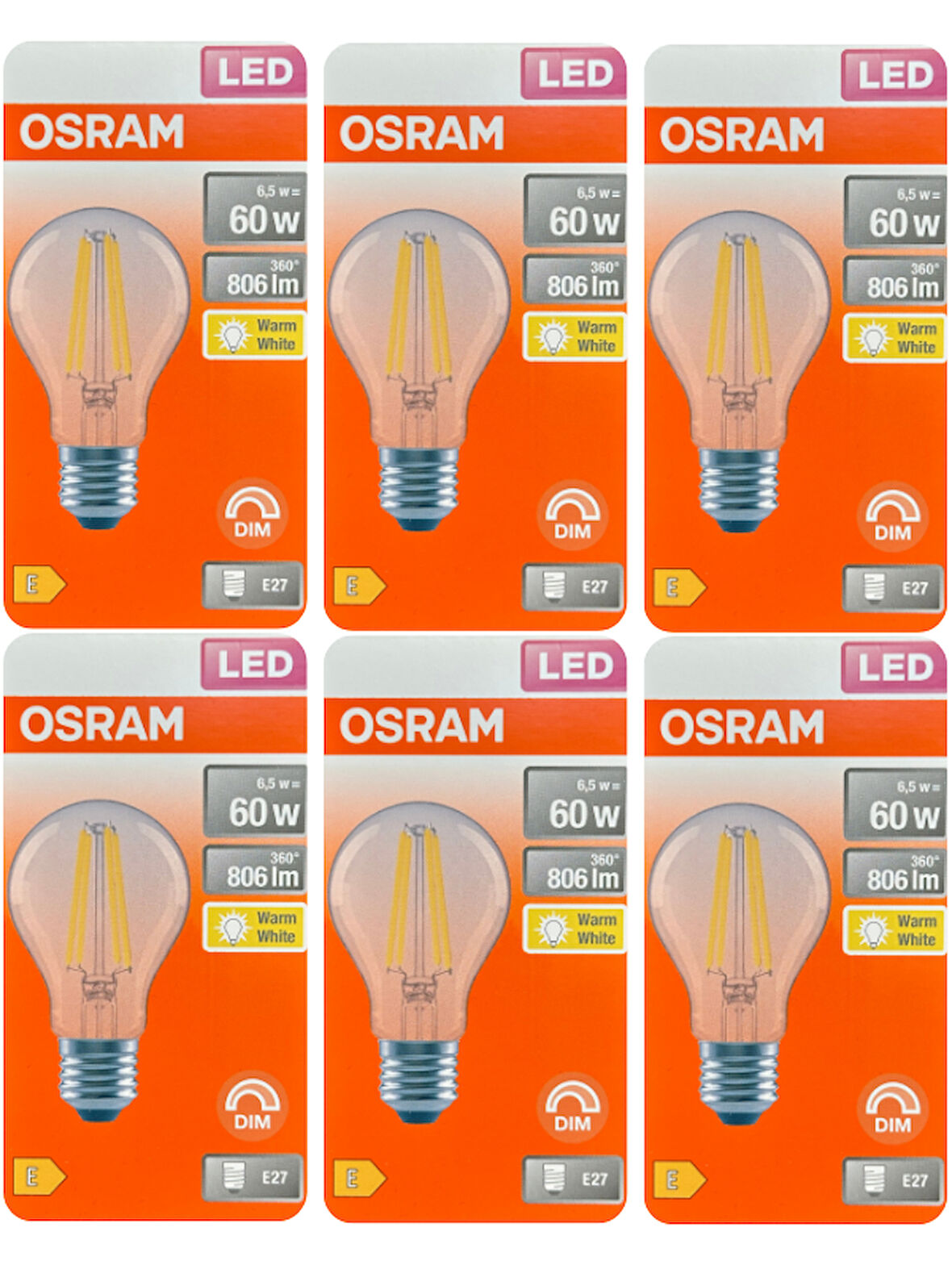 (6 Adet) Osram 6,5W (60W) 2700K (Sarı Işık) Dim Edilebilir E27 Duylu (Kalın Duy) Led Şeffaf Ampul