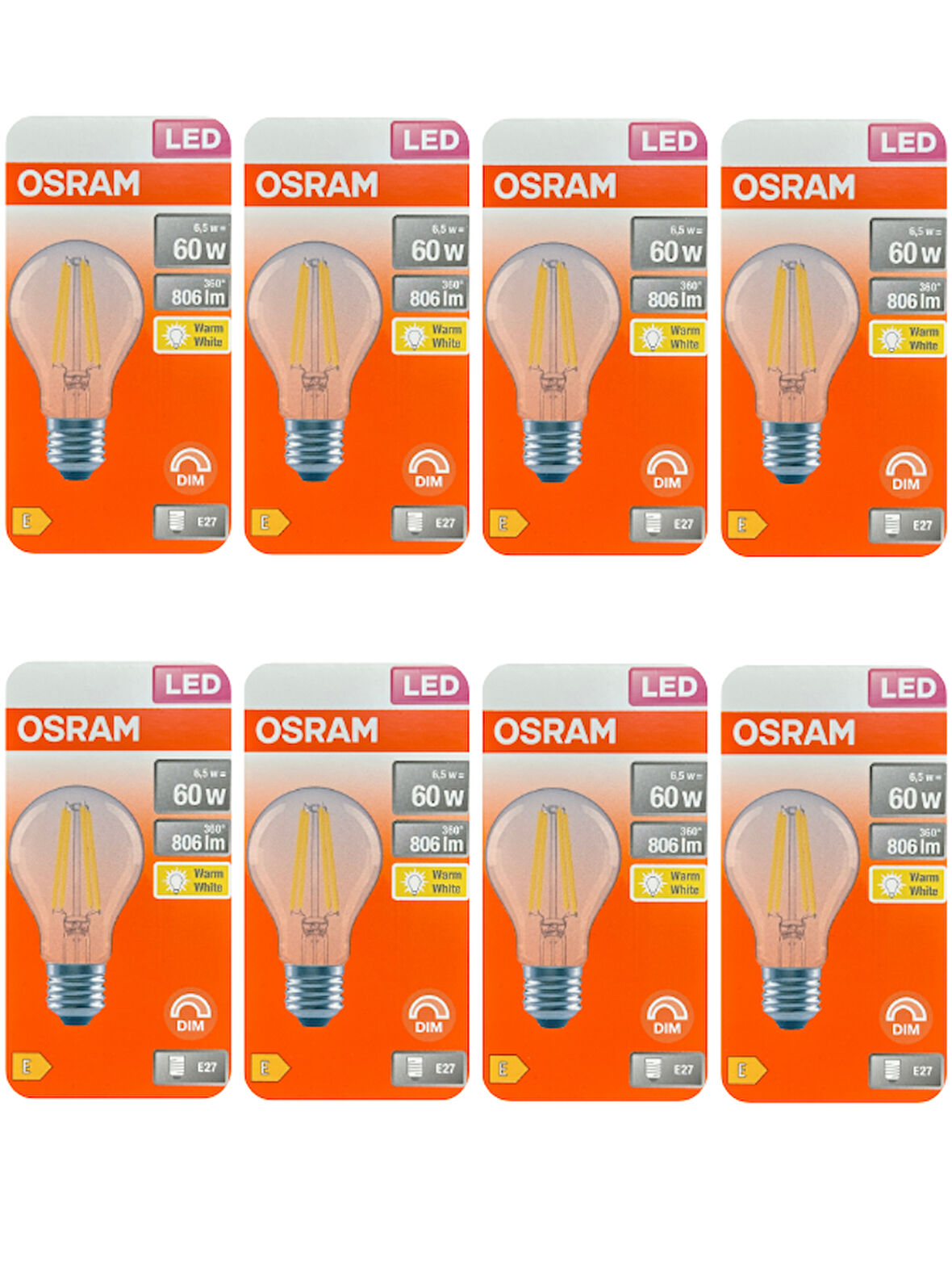 (8 Adet) Osram 6,5W (60W) 2700K (Sarı Işık) Dim Edilebilir E27 Duylu (Kalın Duy) Led Şeffaf Ampul