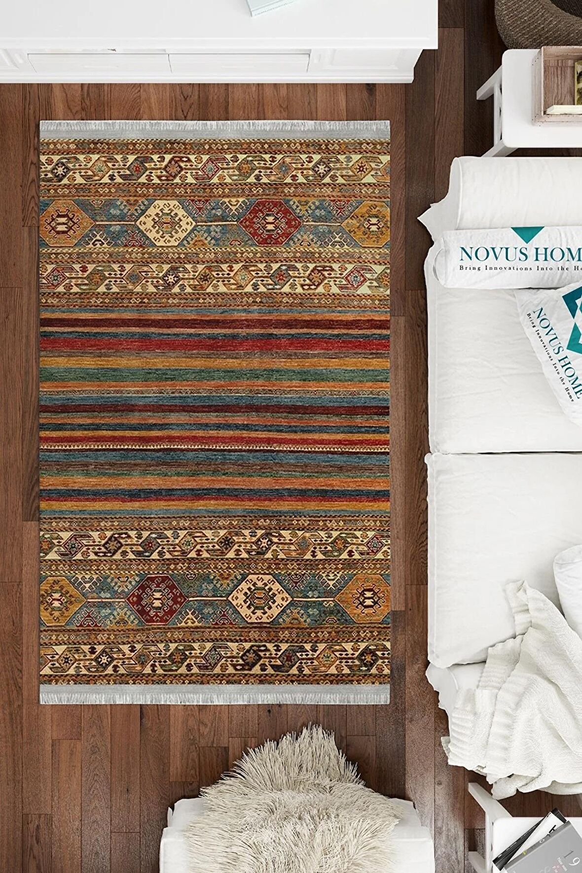 Yıkanabilir Kaymaz Tabanlı Dijital Baskılı Cotton Serisi Dokuma Kilim Efektli Halı.