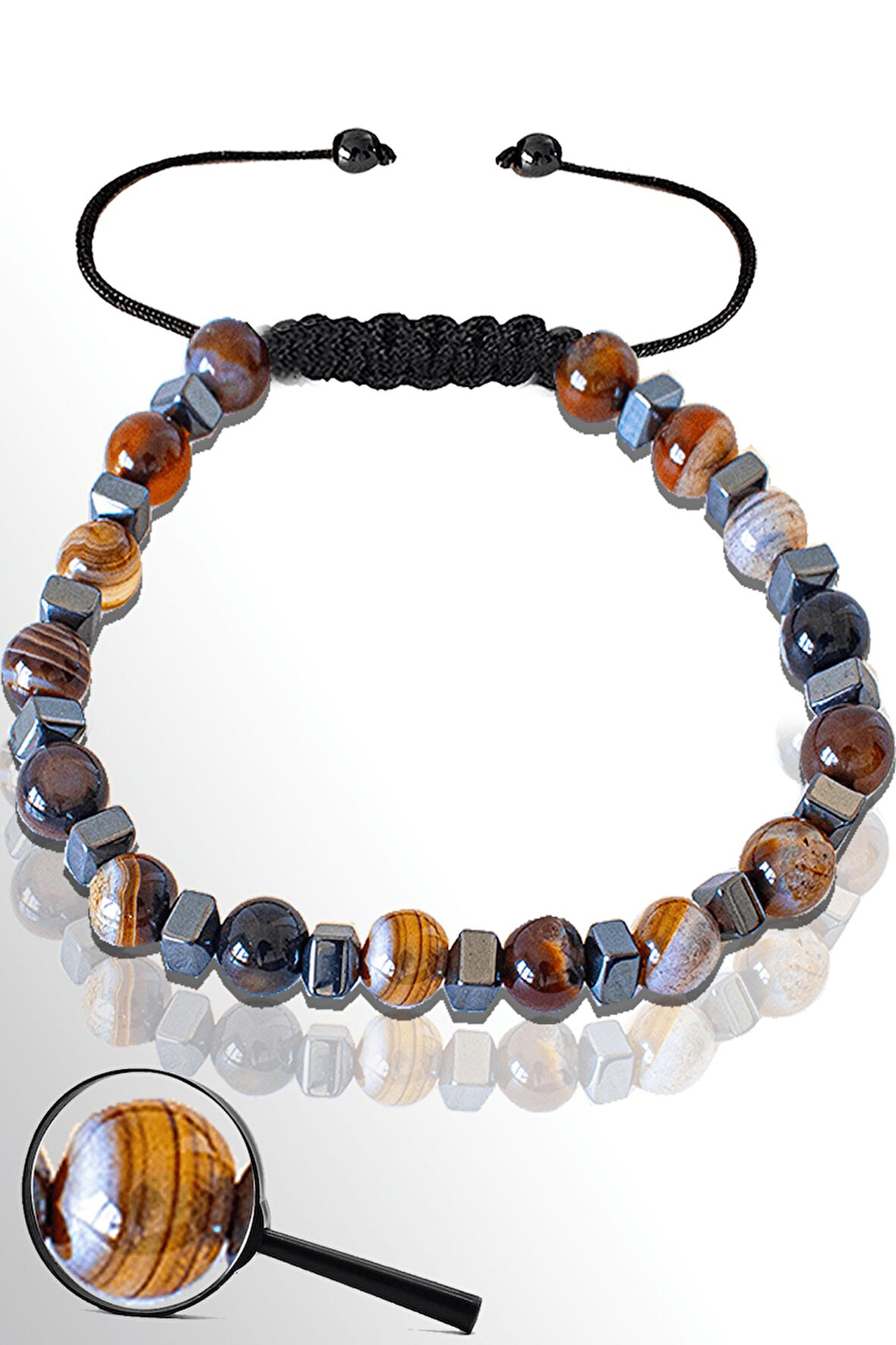 Sertifikalı Gümüş Hematitli 6 Mm Doğal Kahverengi Akik Taşı Bileklik - Bostwana