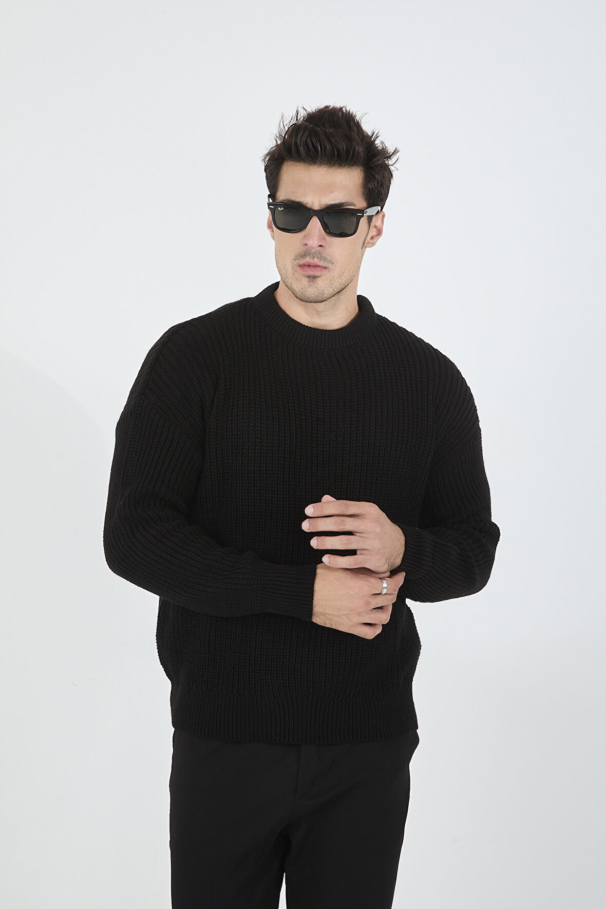 Erkek Oversize Triko Kazak Bisiklet Yaka Basic Düz Renk
