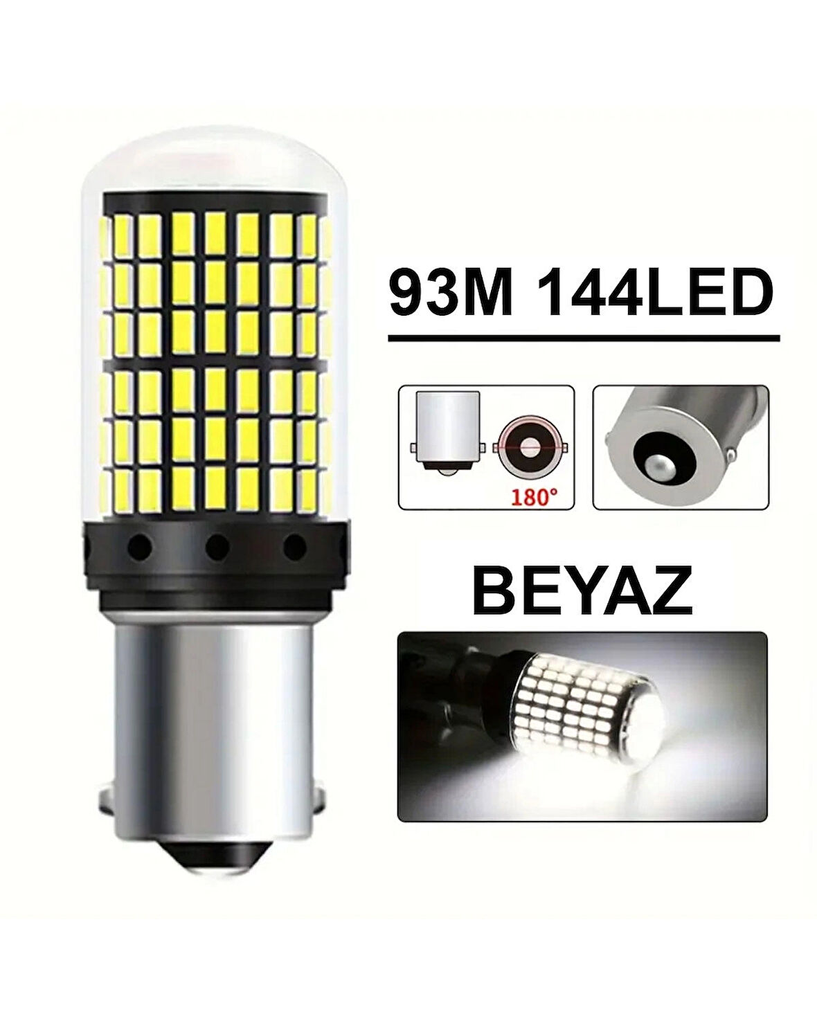 Oto 144LED Ampul 2'li Set, 93M 12V Tek Duy Beyaz Işık, Fren, Park, Sinyal Ampulleri