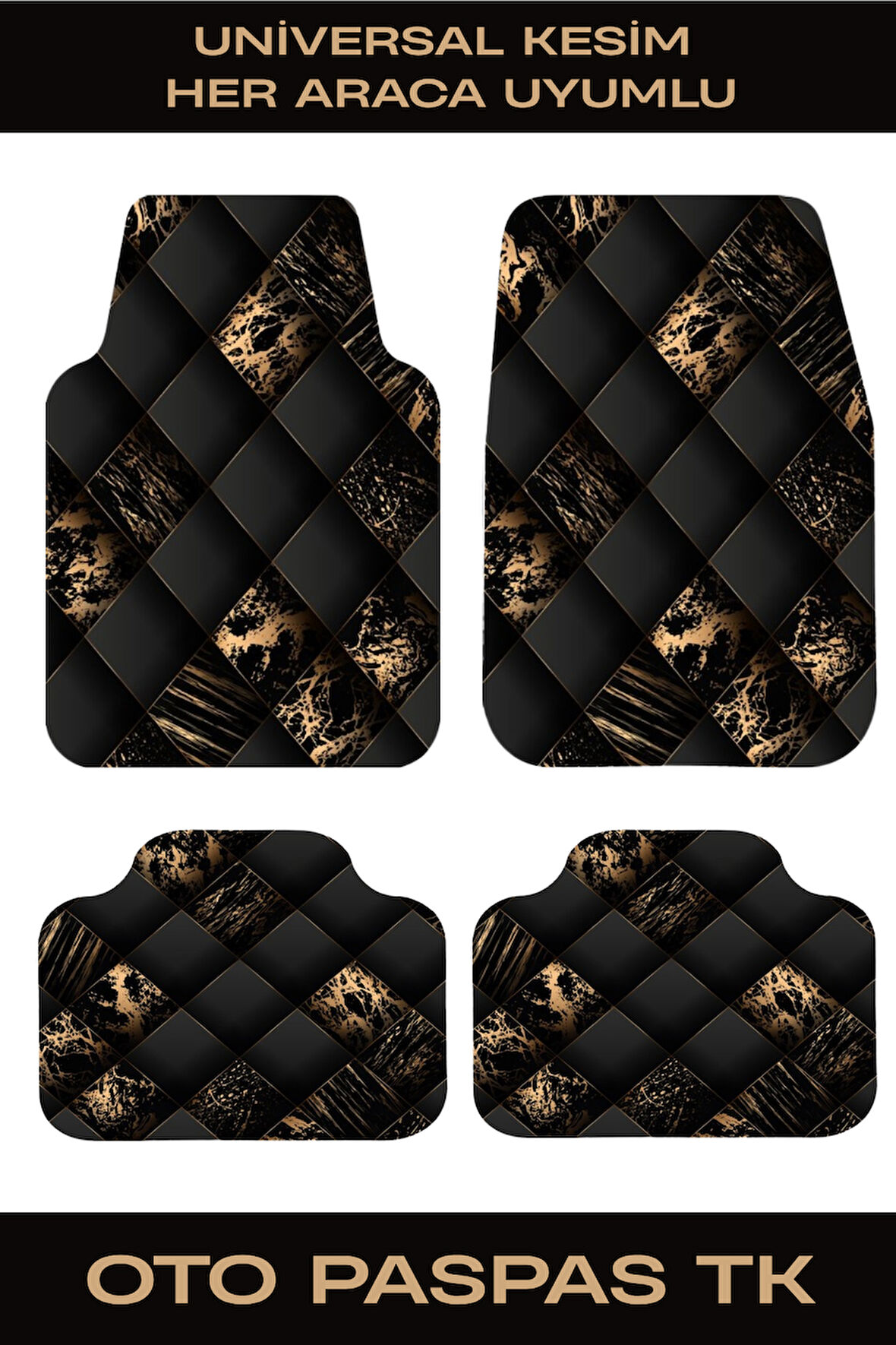 Dekoratif Oto Paspas Takımı – Universal Kesim Siyah Altın Desen 4 Parça Araba Paspası