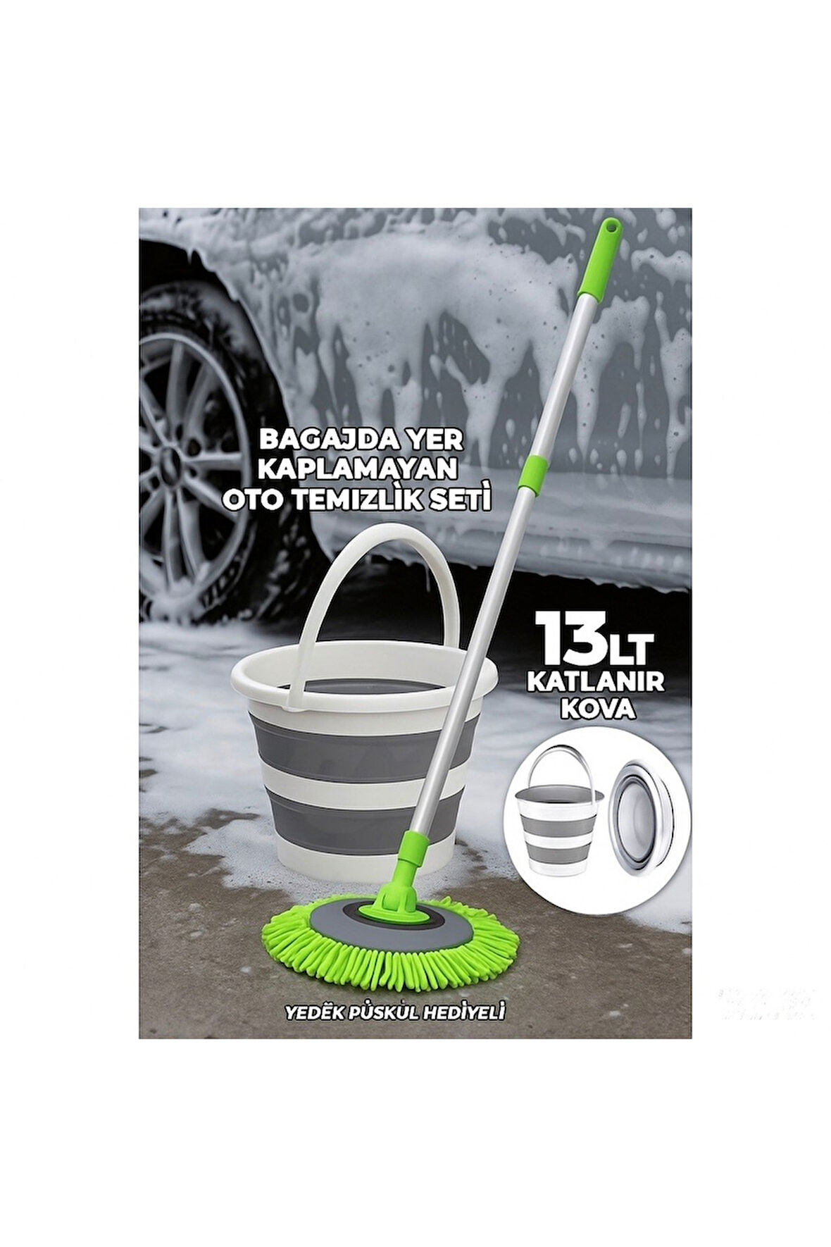 2li OTO SET Çizmez Oto Mop ve 13 LT Katlanır Kova Bagajda Yer Kaplamaz